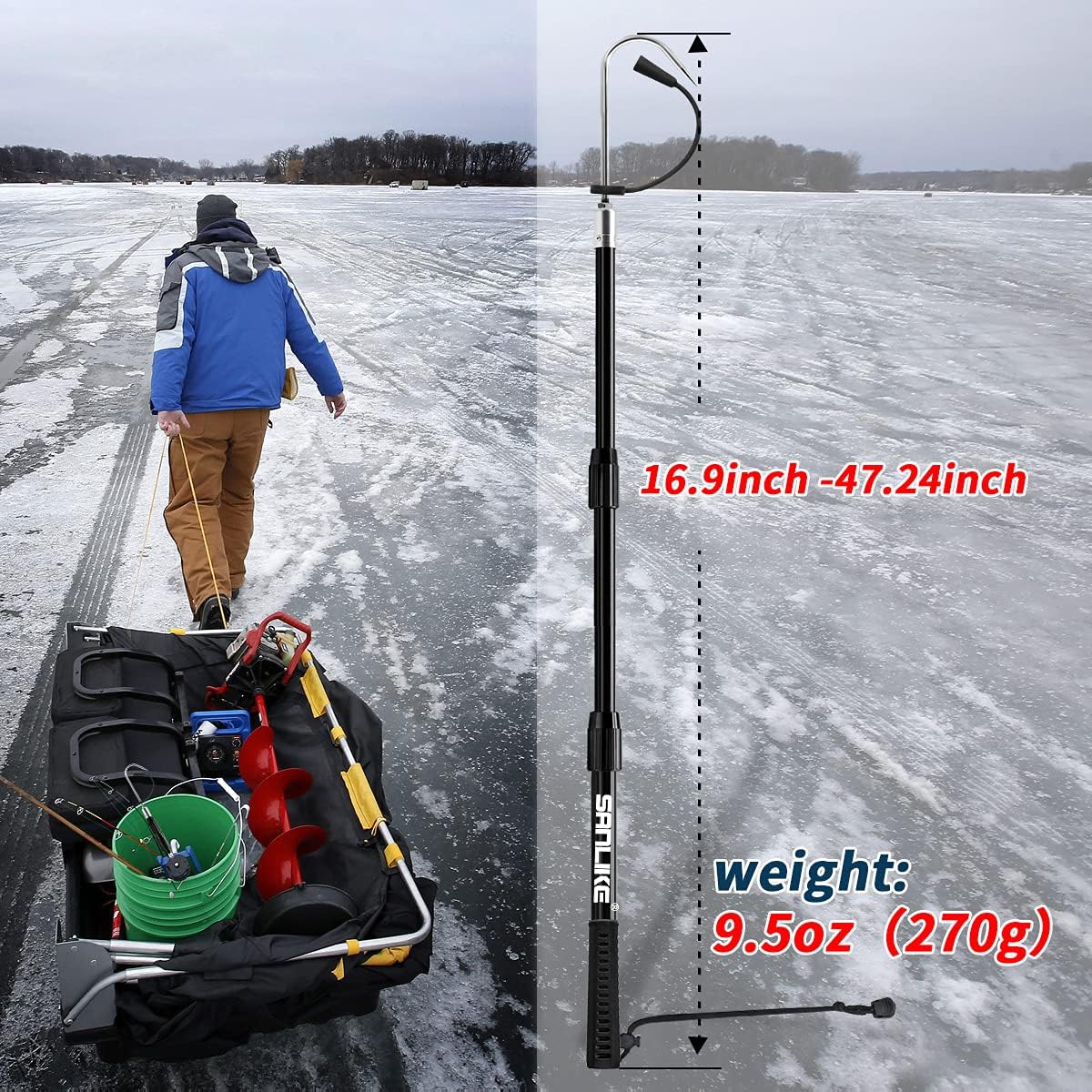 SANLIKE Telescopic Fish Gaff Fiberglass Pole Stainless Steel Spear Hook | 47 / 93 /134in Lockable telescopic design, anti-lost wrist lanyard, portable storage for saltwater boat offshore ice fishing