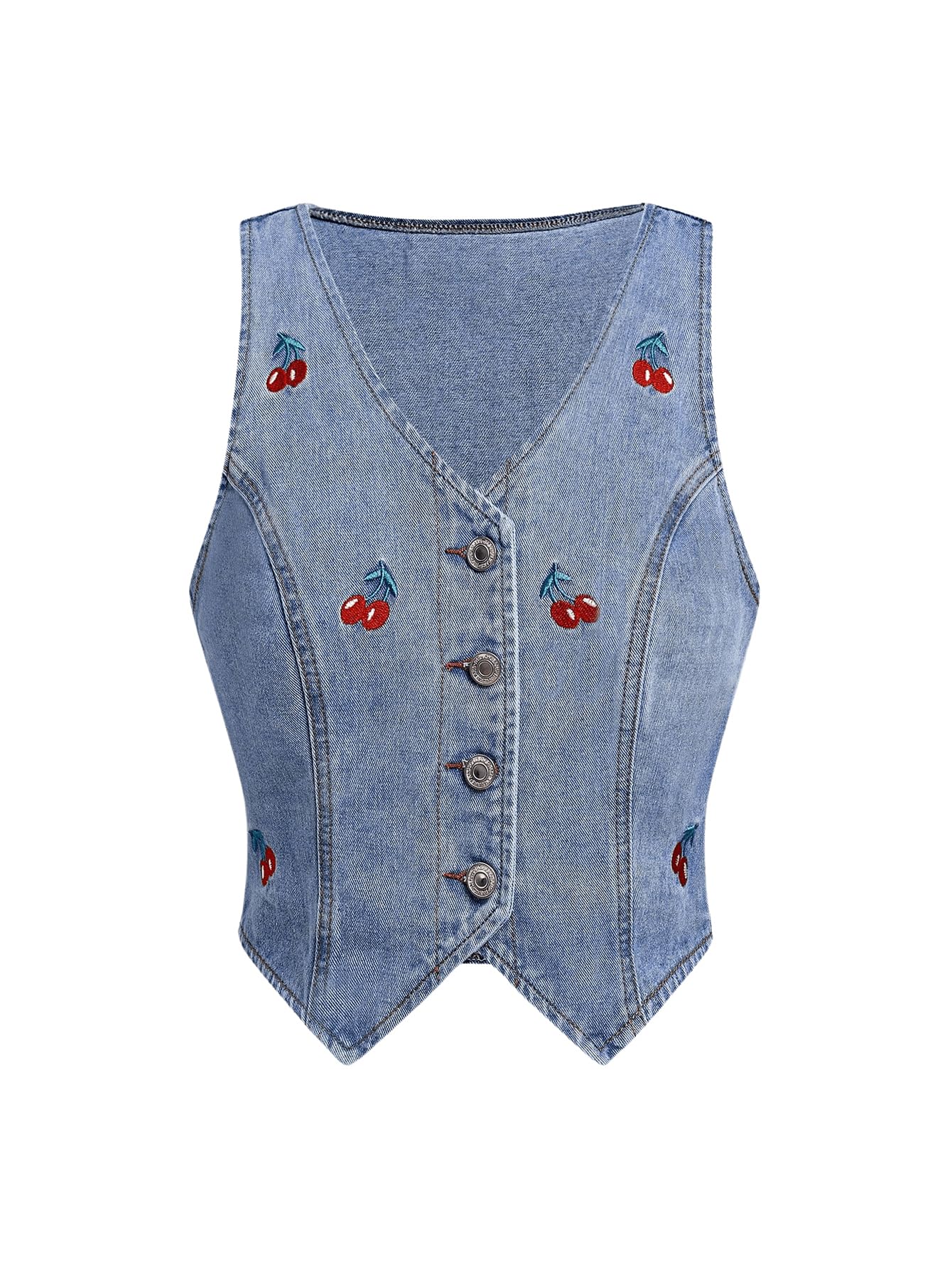MakeMeChic Womens Denim Vest Cherry Cropped Button Down Jean Vest Sleeveless Tank Top