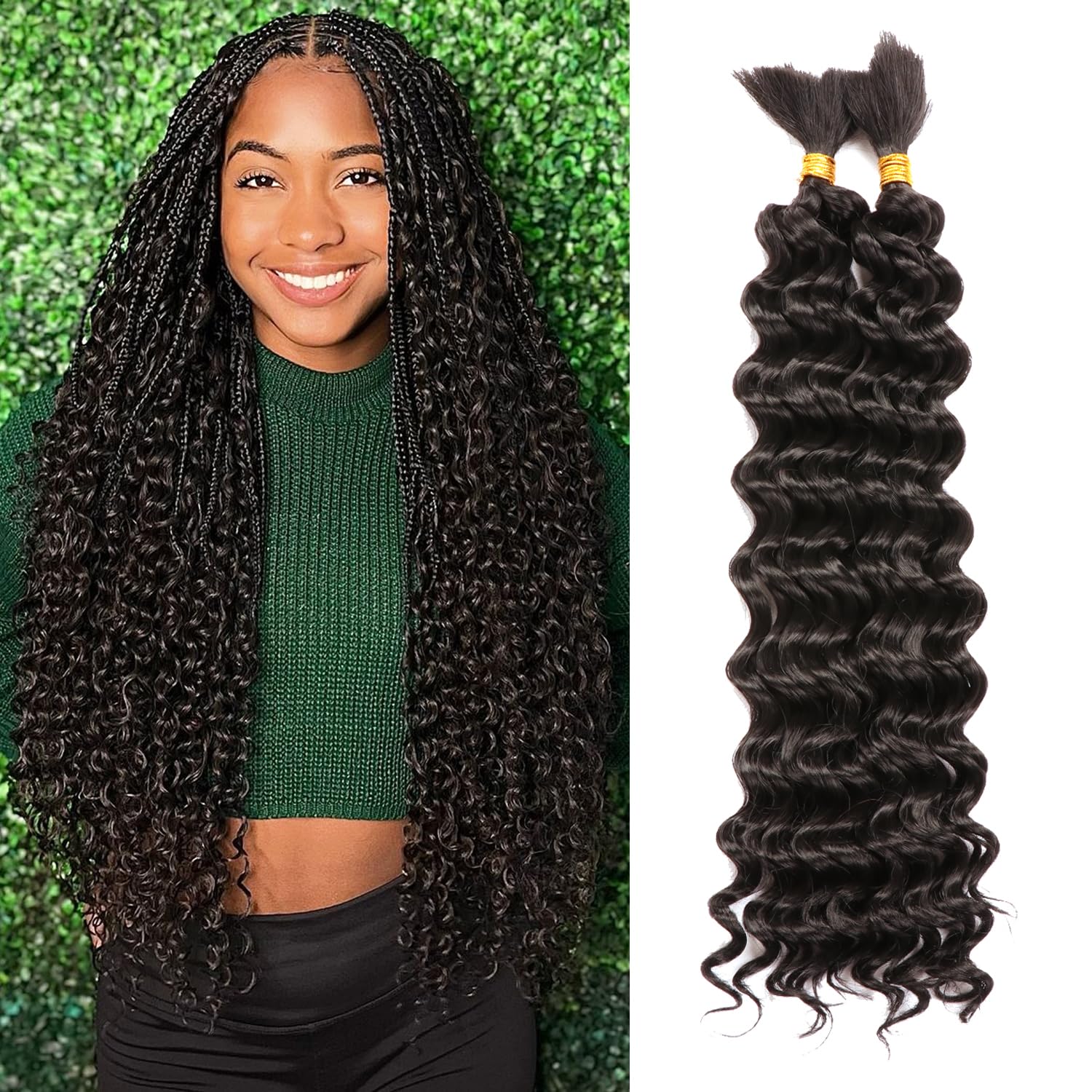 18 Inch Curly Braiding Hair for Boho Braids 2 Bundles 100g Synthetic Deep Wave Bulk No Weft Wet and Wavy Crochet Hair for Women Knotless Braids Hair Extensions (1B#