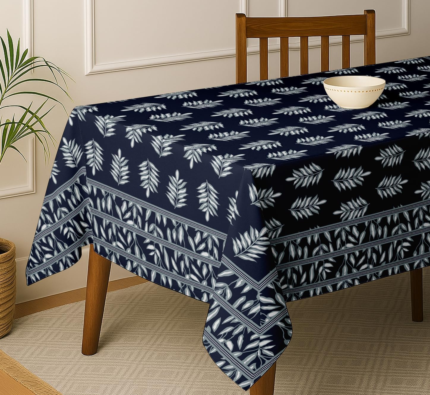 Leaves Design Tablecloth- Blue 60x60 Inch Cotton Twill Dining Table Cover, Perfect for 4 Seater Tables, Durable, Protective & Washable, Ideal for Everyday Use, Festive Occasions & Gatherings