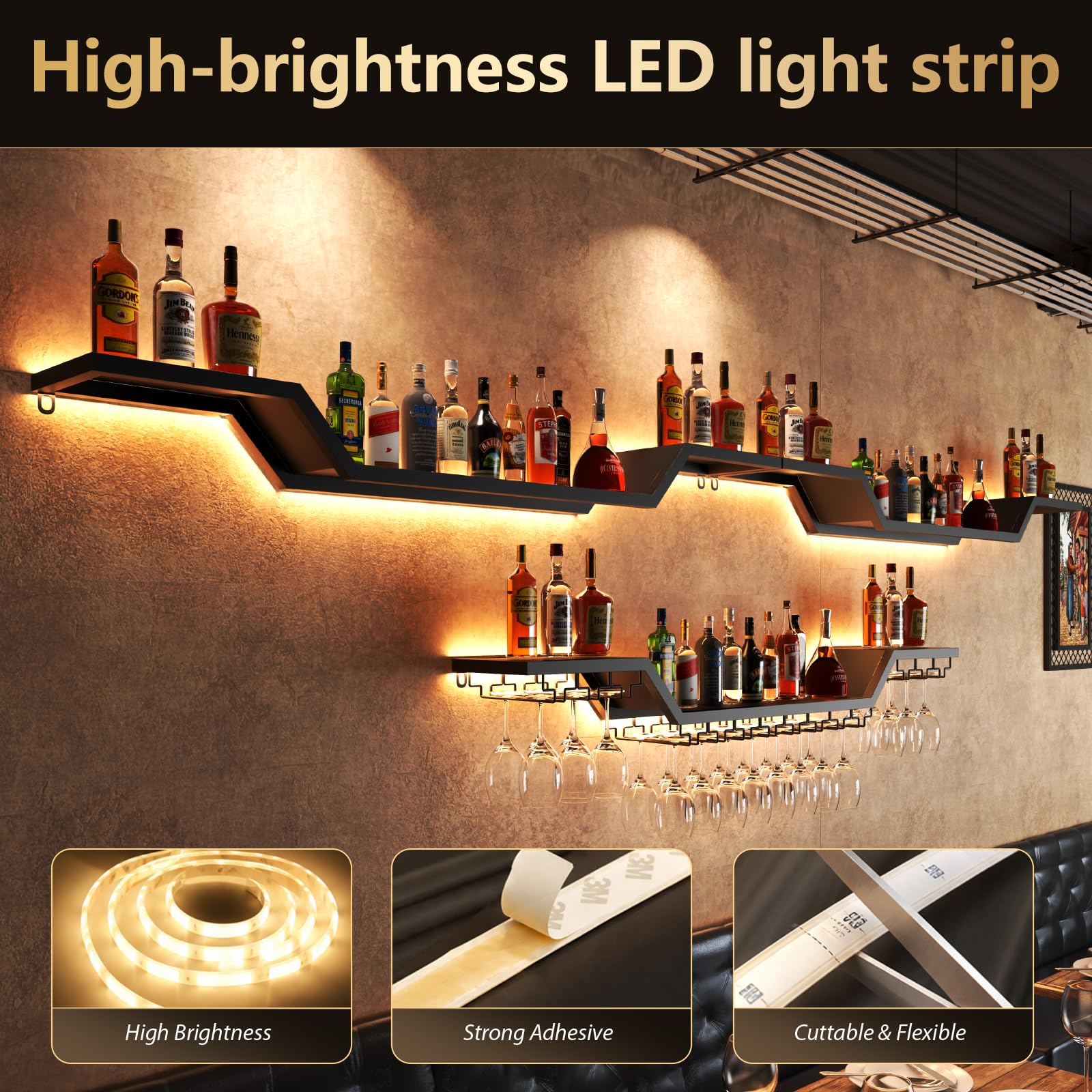 Portabottiglie da Parete Metallico con LED, 3 Livelli Mensola Per Vino Industriale Calice E Portabicchieri, per Vino, adatto per Bar, Cucine e Ristoranti (100cm)
