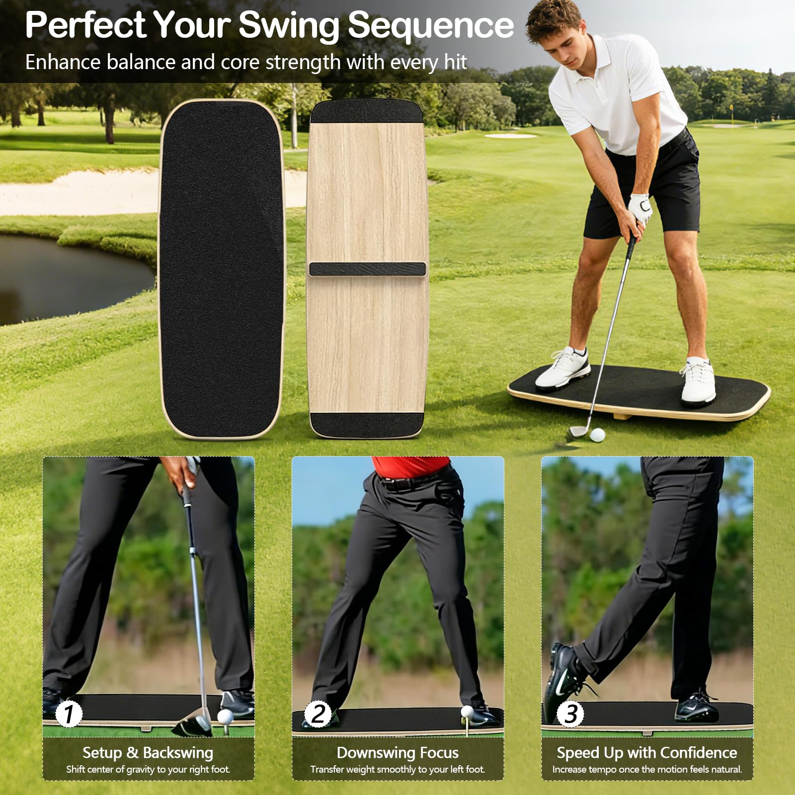 Golf Balance Board, 75 x 30 cm Golfschwung Druckbett Schwungtrainer, 150 kg Tragkraft, Gewichtsverlagerungs-Druckplatte für Anfänger und Fortgeschrittene