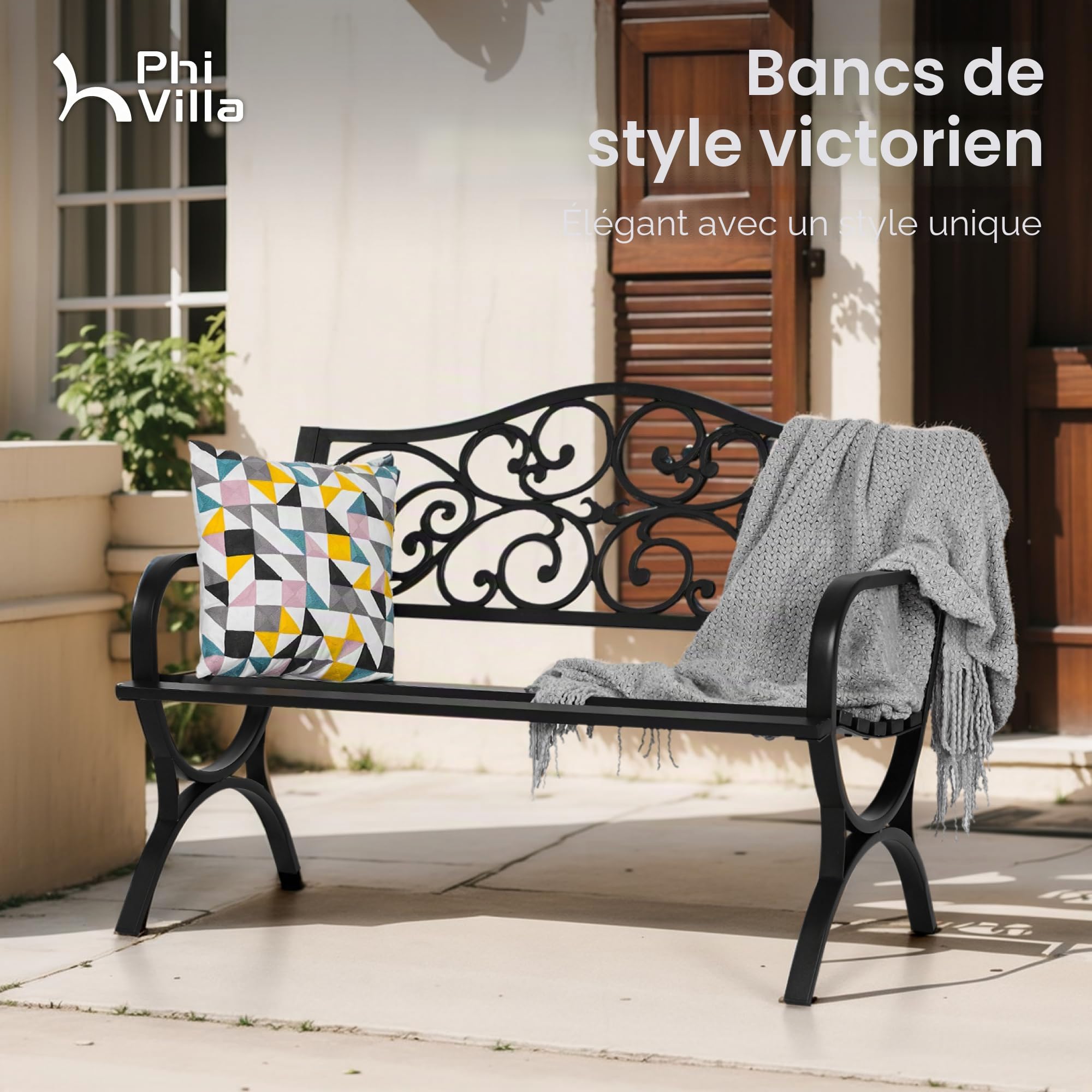 PHI VILLA Banc de jardin résistant aux intempéries en métal fonte avec cadre en acier - 2 à 3 places - Avec dossier à design floral - Pour parc, jardin et terrasse