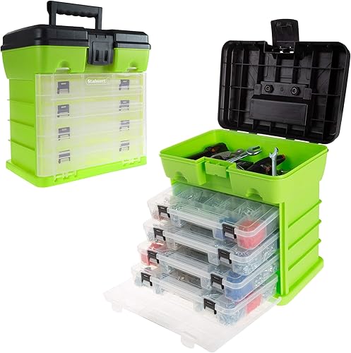Stalwart - Caja de almacenamiento y herramientas duradera, 4 cajones con 19 compartimentos cada uno para accesorios, aparejos de pesca, cuentas y
