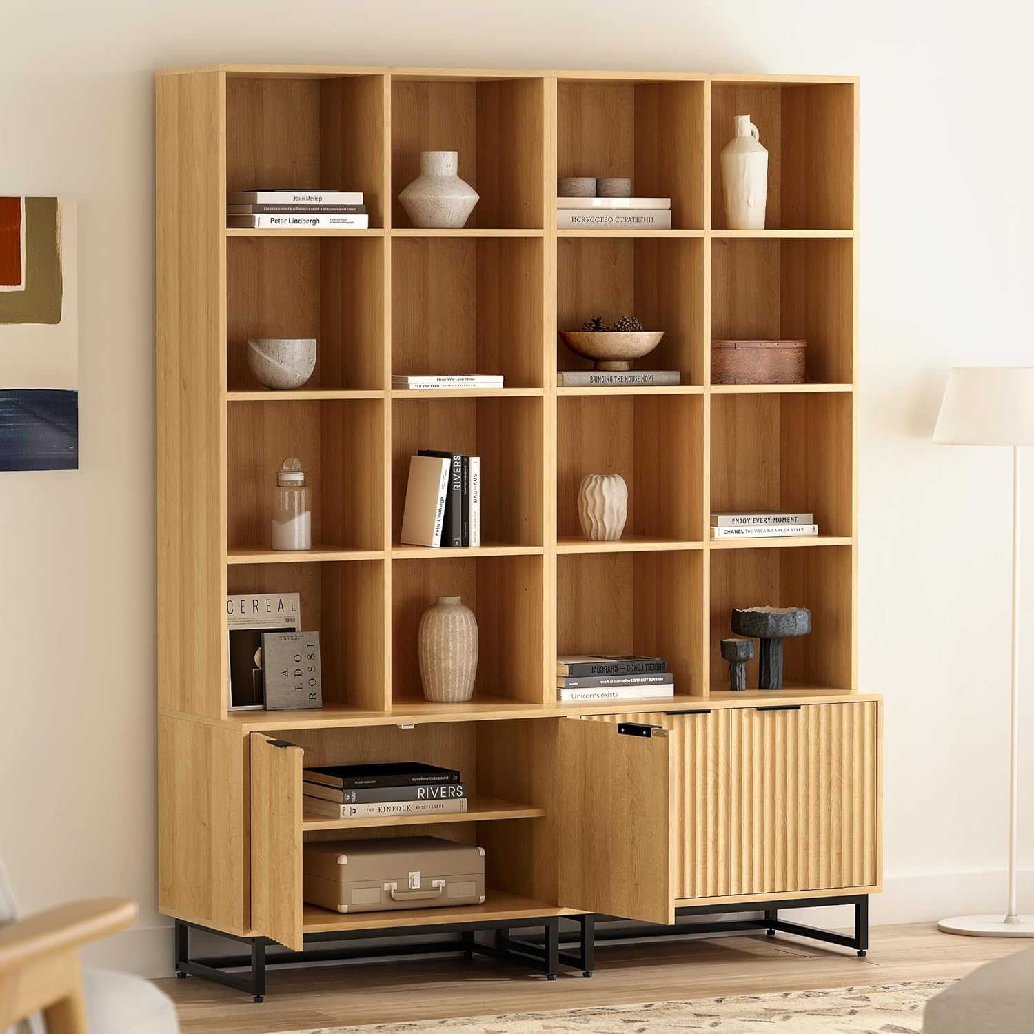 Farmhouse Bookshelf with Doors, 71'' Tall, Natural Oak