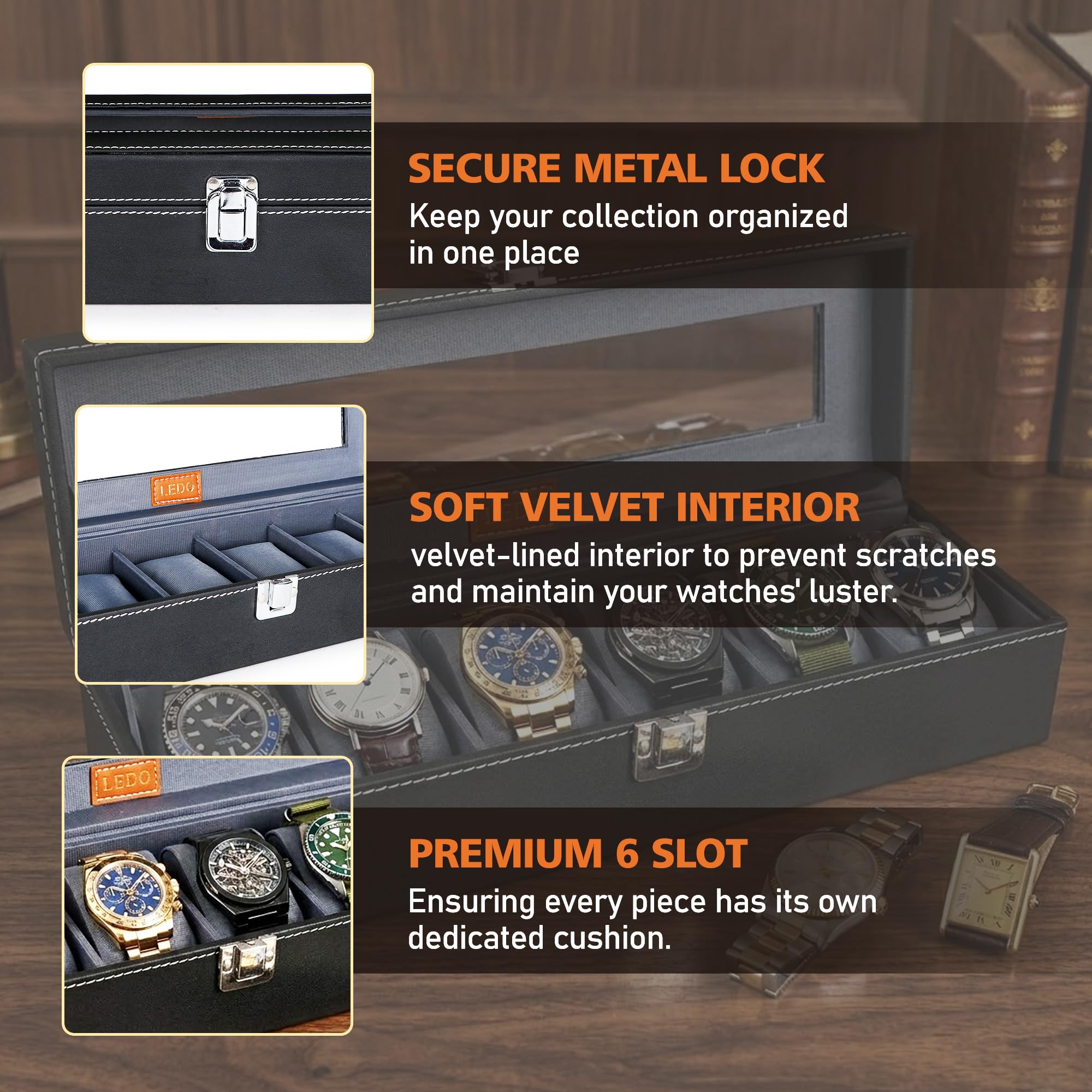 LEDO Watch Box Holder Organizer Case with 6 Slots, Transparent Look, Black & Gray Color Velvet 3