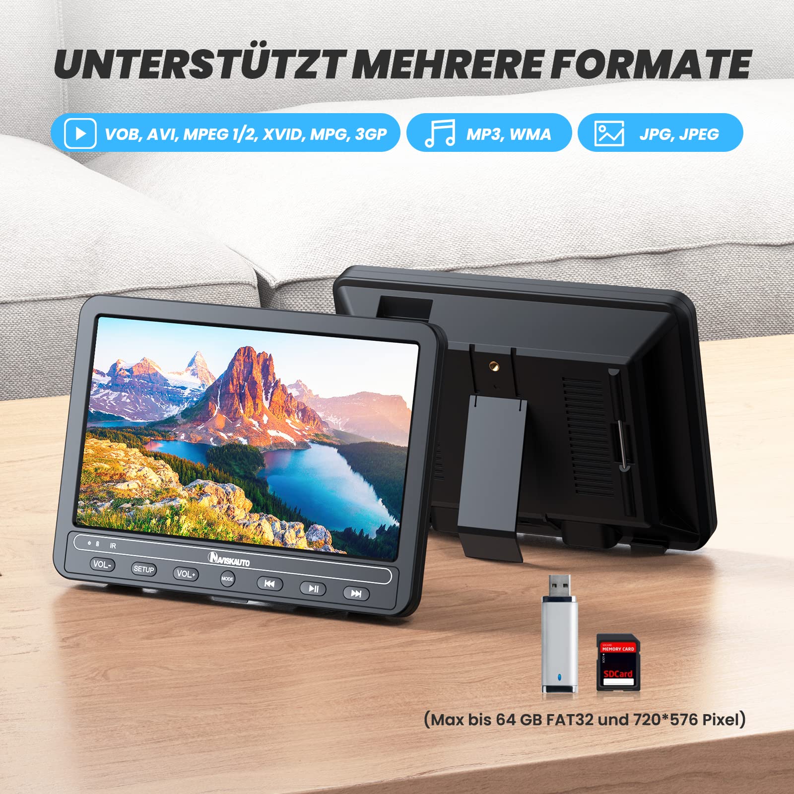 NAVISKAUTO 10,5 Zoll DVD Player Auto 2 Monitore Kopfstütze HDMI IN Mit 5 Stunden Akku, Auto Fernseher TV Kinder DVD-Player Unterstützt USB/SD-Karte, Last Memory, 2 Verschiedene Filme Spielen