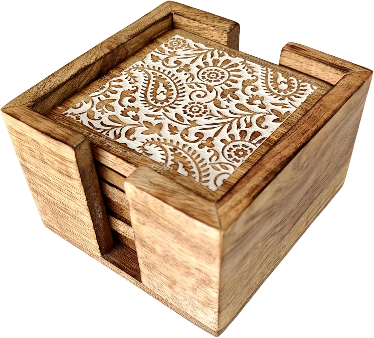 VANIYA CRAFTS® Handmade Round Wooden Tree of Life Coasters for Drinks with Holder for Coffee Table, Hot Drinks, Beverages, Housewarming Gift (Natural White Finish)
