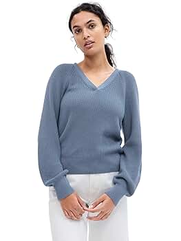 GAP Womens Ribbed Volume Sleeve Vneck Sweater, Daisy Duke