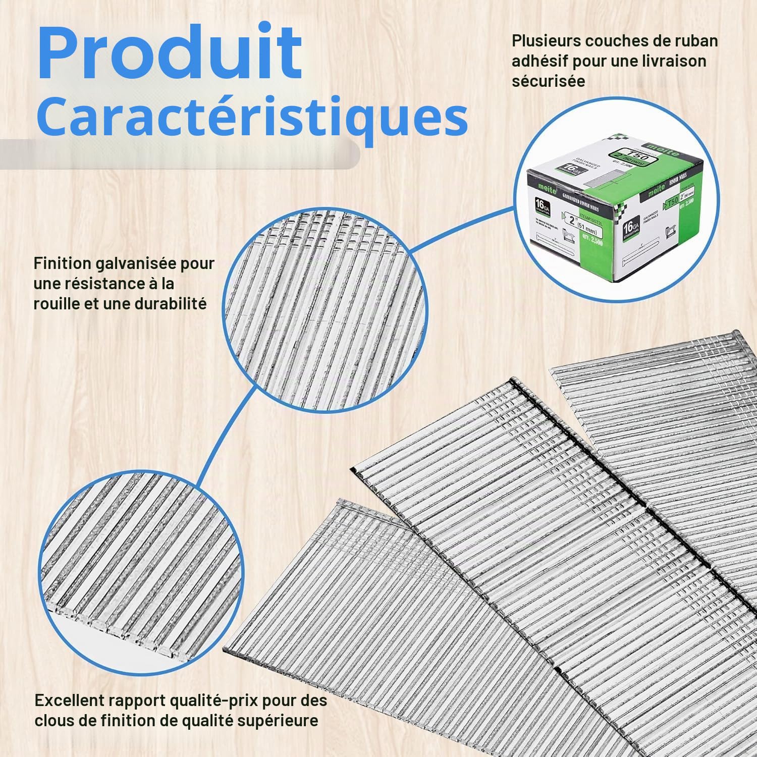 meite Clous de Finition Galvanisés de Type 16G / 50 mm, Diamètre du Fil 1,6 mm, Tête 2,8 × 1,6 mm, 16GA Clous pour Cloueuse, pour le Travail du Bois et la Tapisserie, Lot de 2500