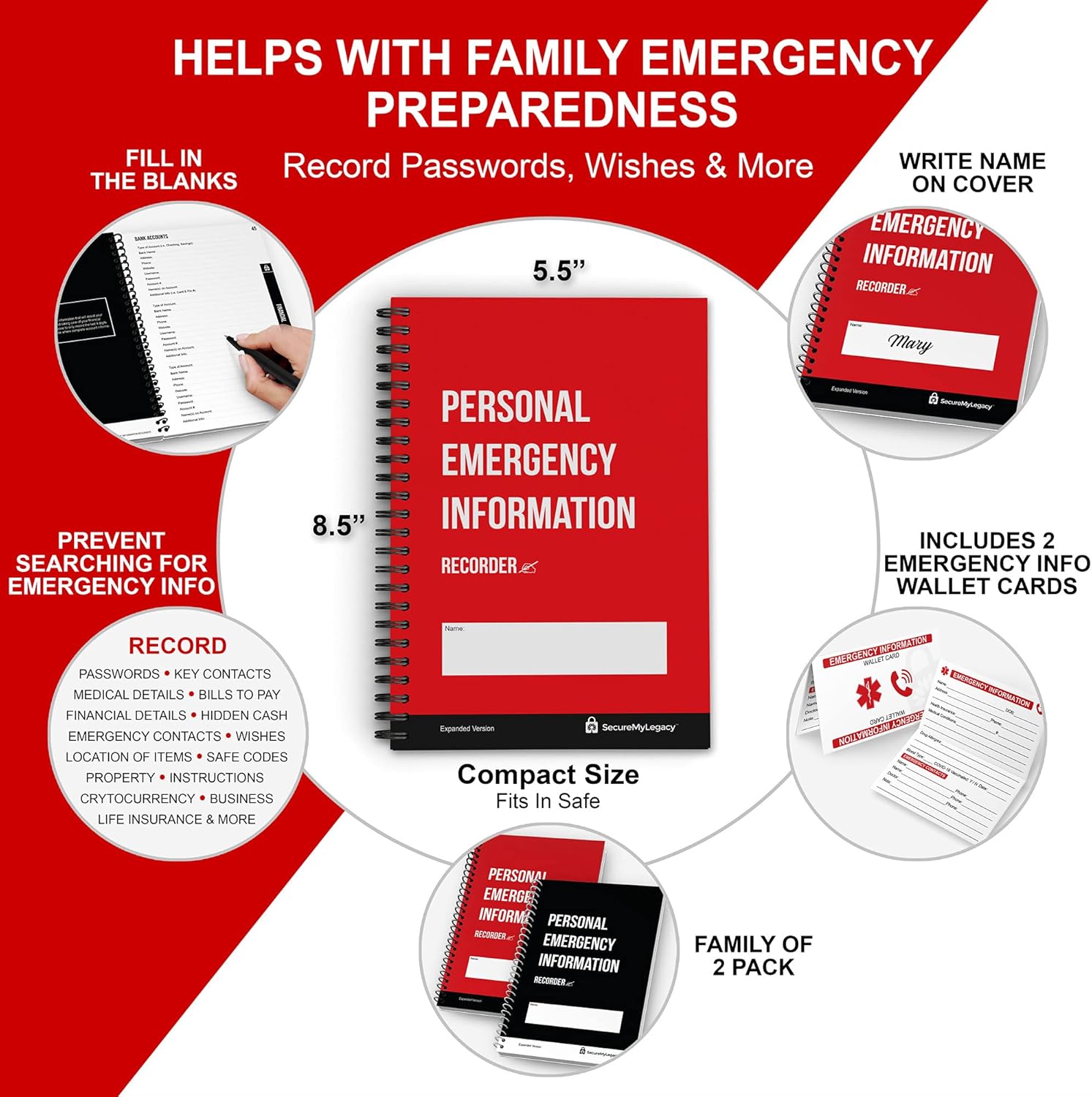 PERSONAL EMERGENCY INFORMATION RECORDER (Family of 2 Pack) - Family Emergency Workbook - Record Passwords, Contacts, Medical, Financial, Insurance, End of Life Plans, Personal Instructions and more : Office Products