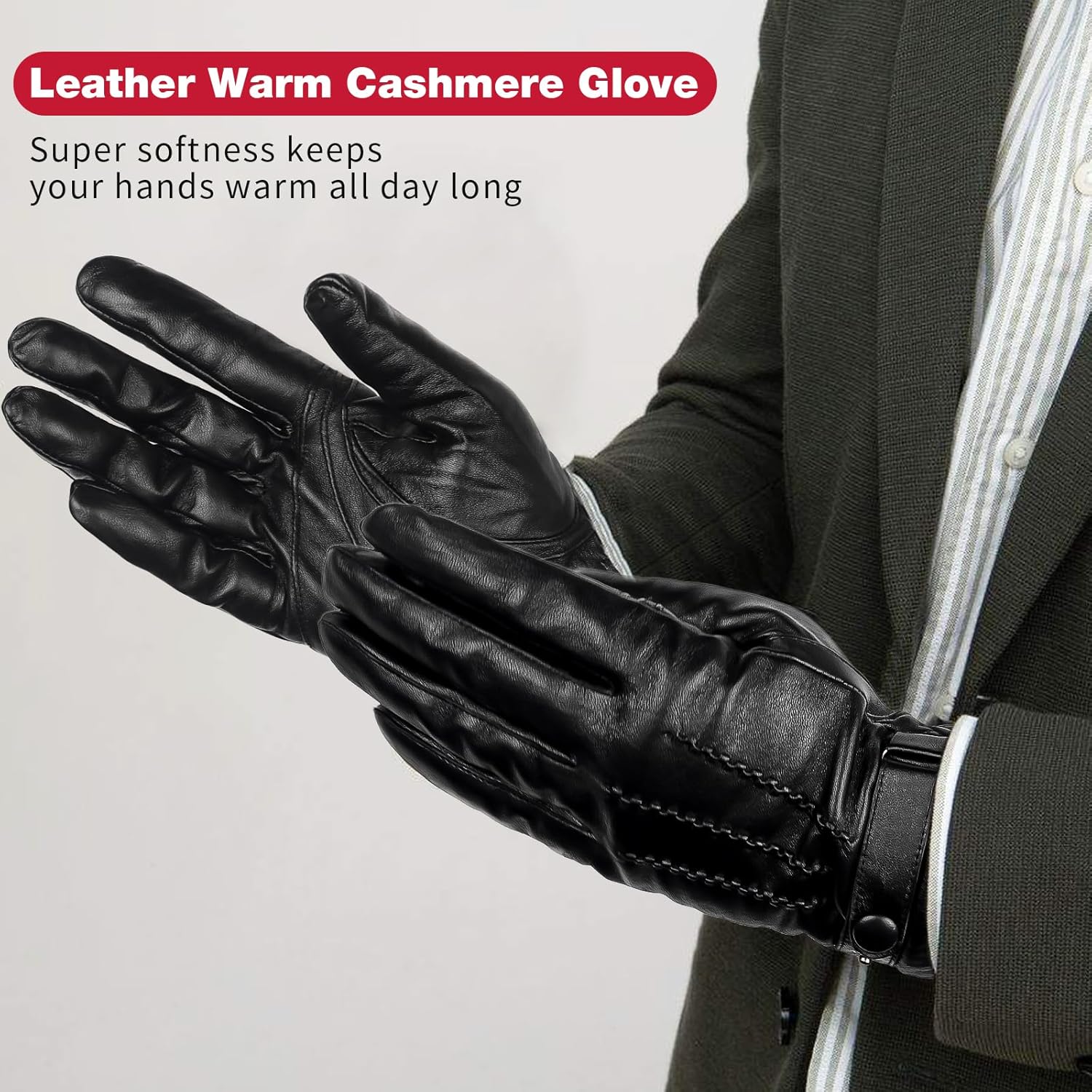 Winter Genuine Sheepskin Leather Gloves for Men, Warm Cashmere Lined Black Leather Touchscreen Motorcycle Gloves - Image 5