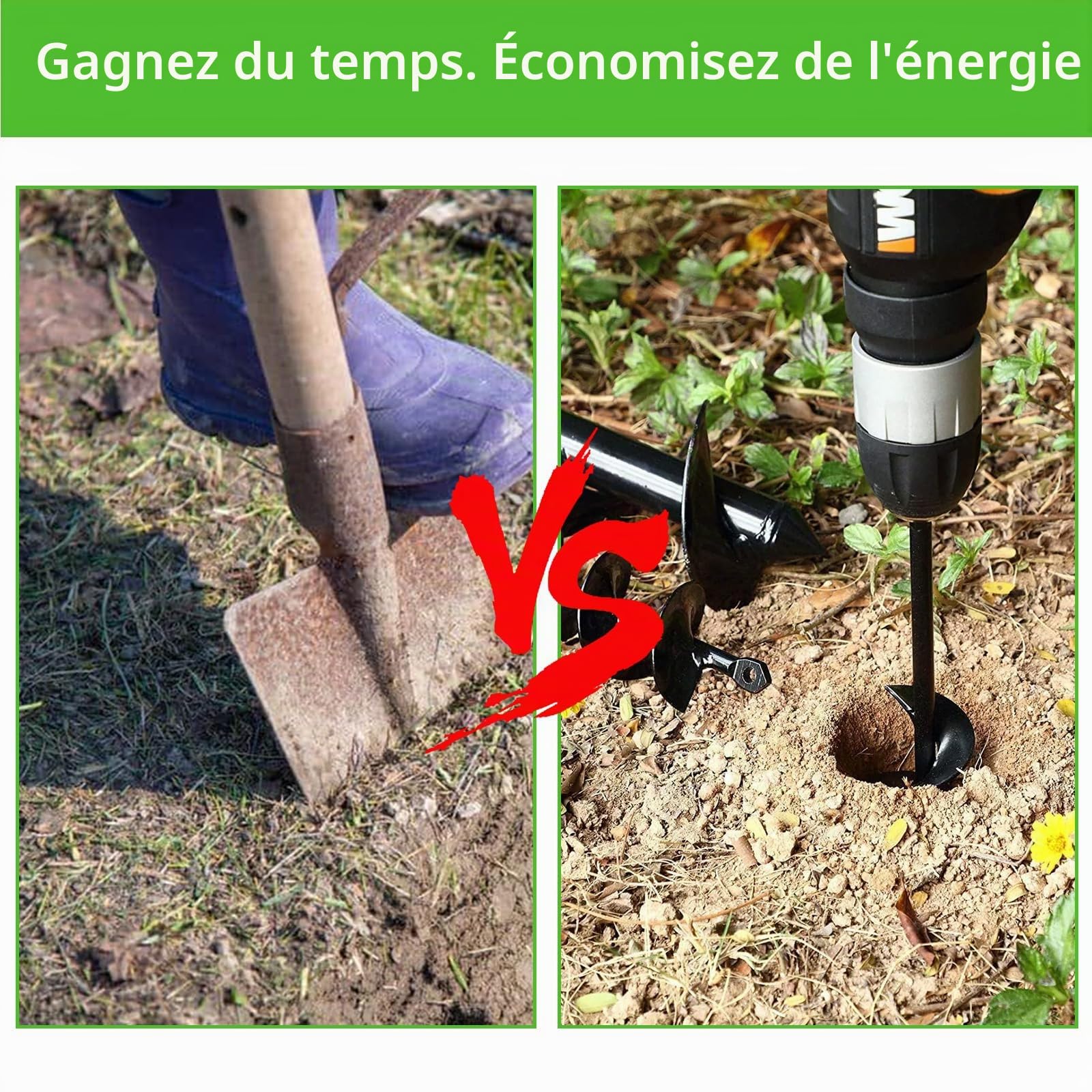 APACALI 4 Pièces Mèche Jardin Tariere pour Perceuse, Foreuse Jardin en Spirale avec Gants Jardinage, Outil de Plantation Pratique pour Faire Rapidement Trou et Planter des Fleurs Arbres Arbustes