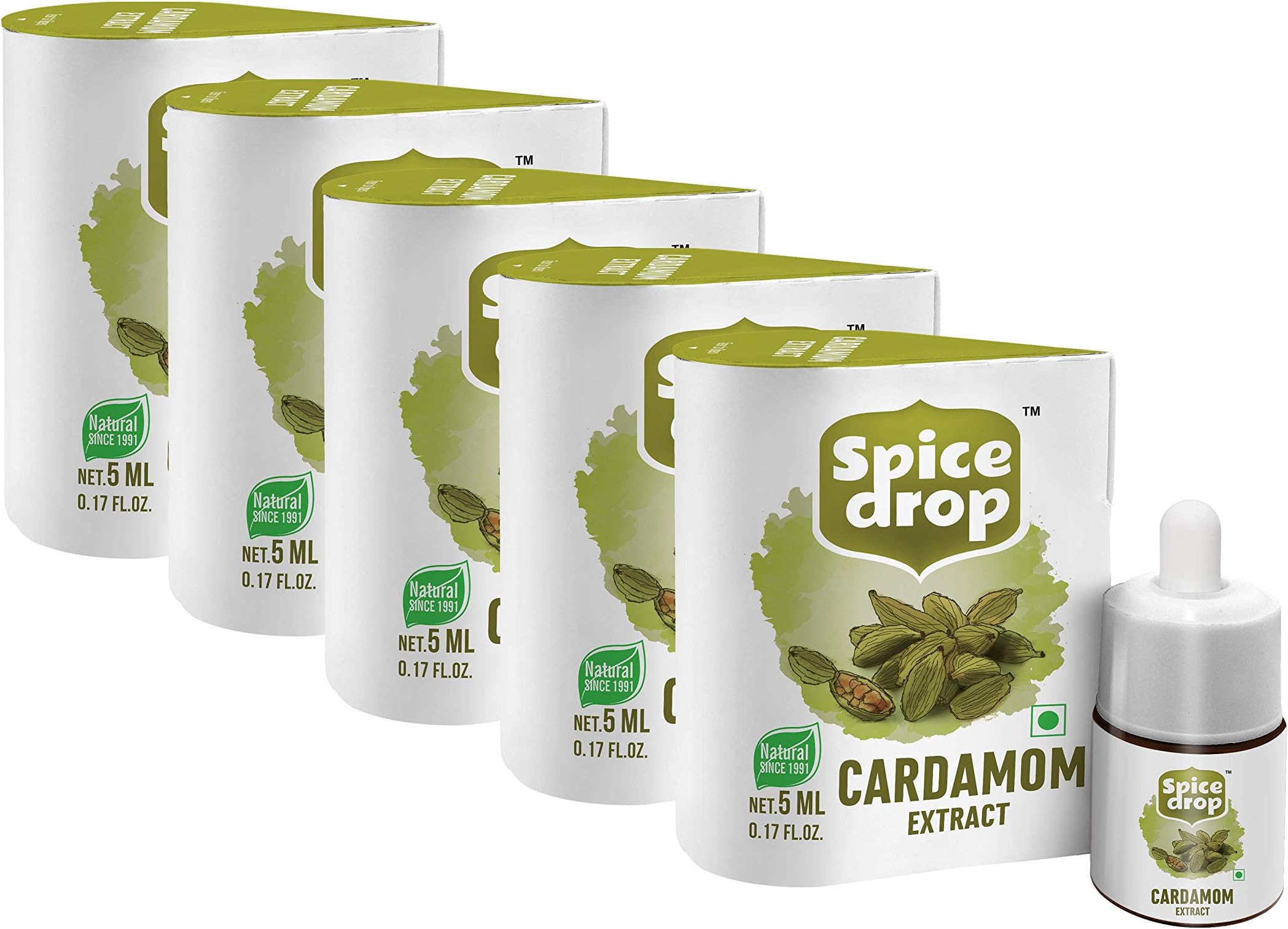 Spice Drop Cardamom Extract - Tea, Coffee, Cooking, Baking, Dessert | 5 ML Equivalent to 80g | Pack Of 5 (400g) | Pure Whole Green Cardamom Pod Extract | No Added Color or Preservative | Vegan