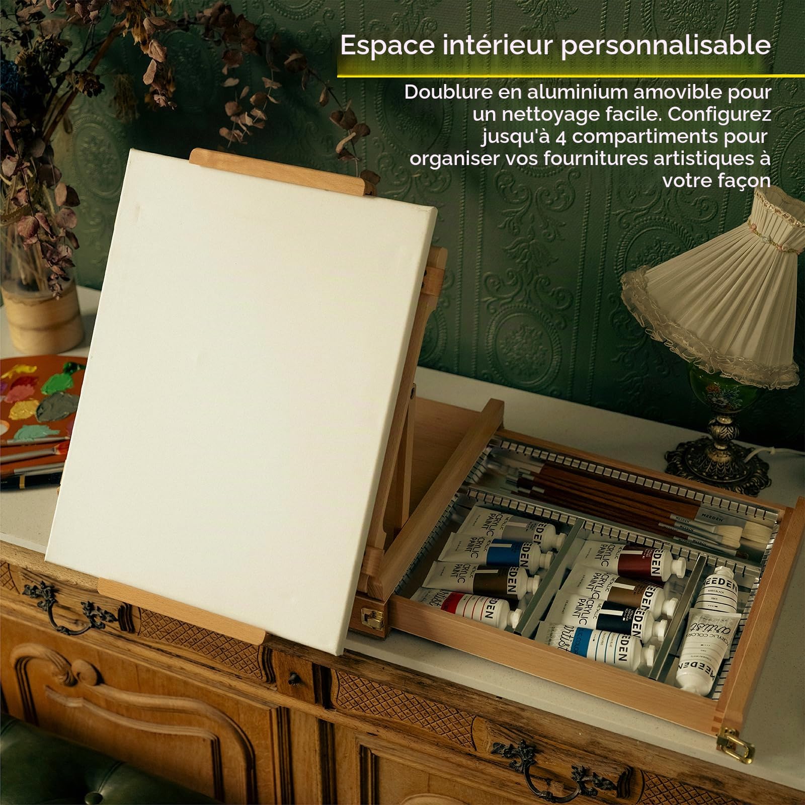 Meeden Studio Sketchbox Chevalet de table avec tiroir doublé en métal – Réglable en bois de hêtre massif et chevalet de boîte à croquis avec rangement, parfait pour studio ou Plein Air