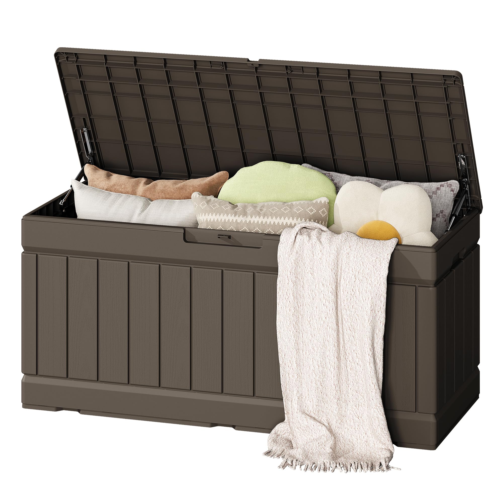 Flamaker 80 Gallon Outdoor Storage Box in Deep Brown, closed and ready for use in an outdoor setting.