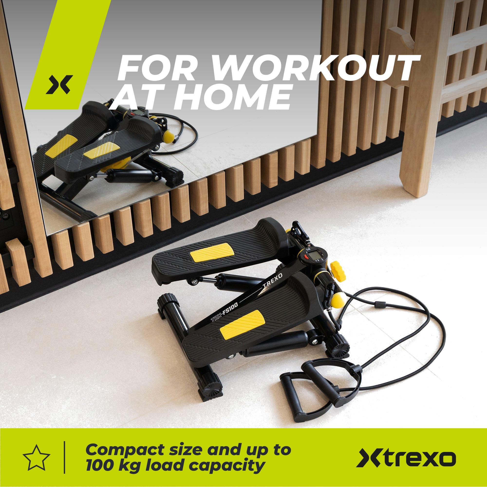 TREXO Stepper para Entrenamiento en casa Fitness Cardio Altura de los Pedales y Resistencia Ajustables Pantalla Fácil de Leer Cables Resistentes Capacidad de Carga hasta 100 kg Negro/Amarillo