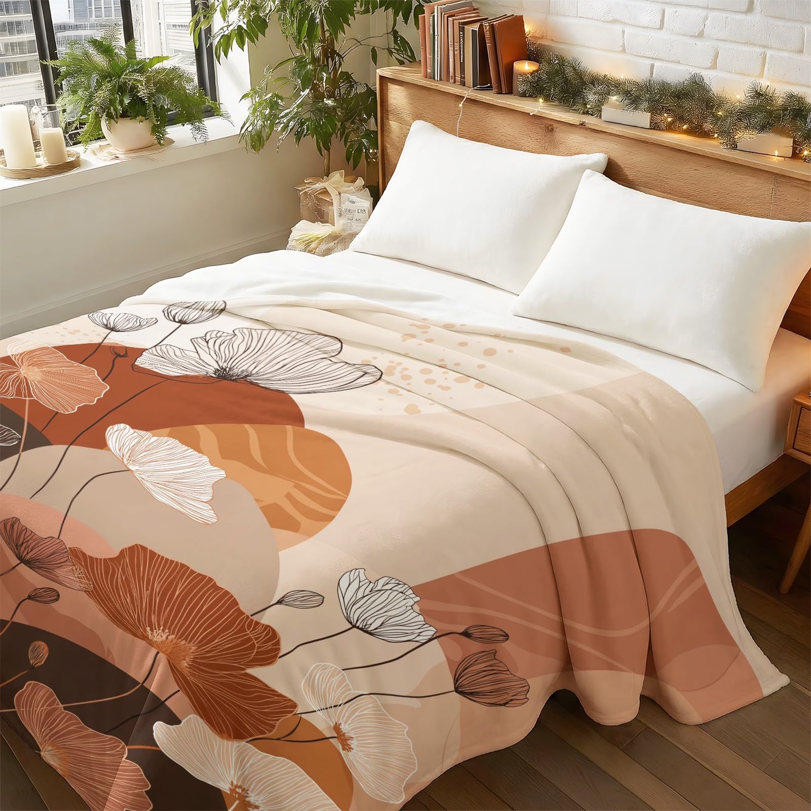 Koc polarowy z nadrukiem kwiatowym na kanapę 220 x 240 cm | Koc pluszowy i przytulny koc narzuta – dekoracyjny boho kwiat liść narzuty koce na sofy krzesła łóżka