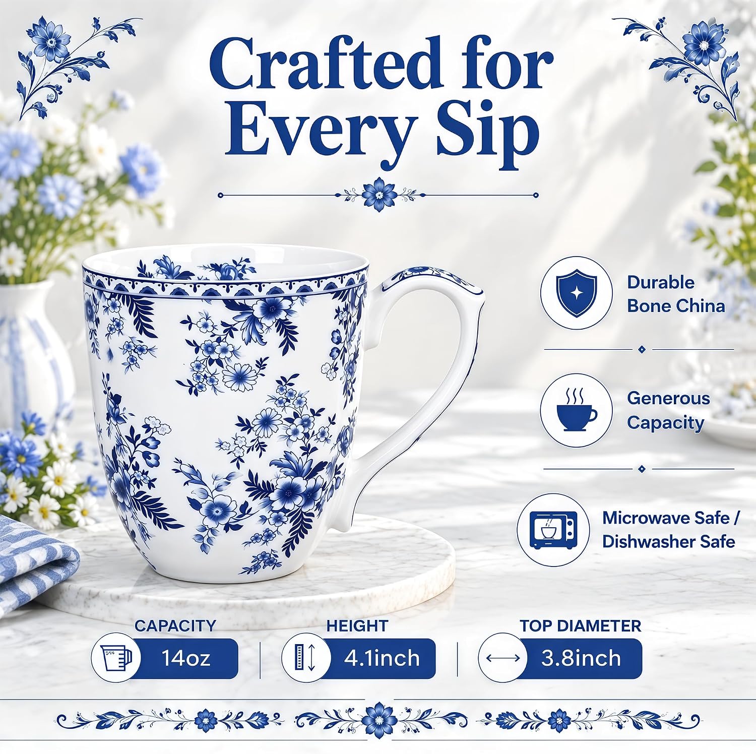 14oz Bone China Coffee Mug with Handle, Floral Tea Cup for Daily Beverages