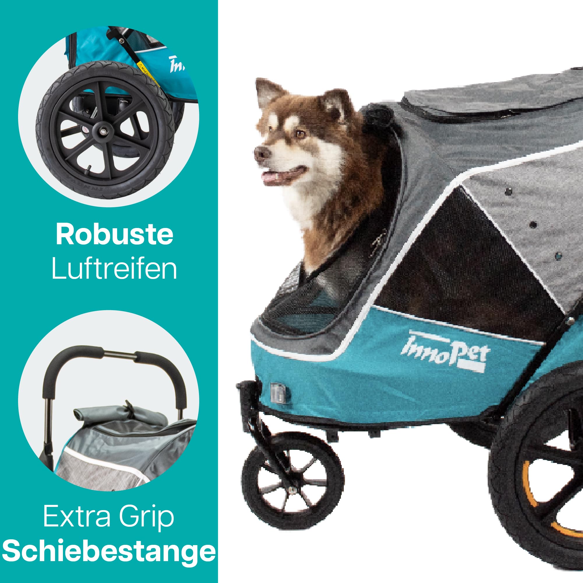 Hundebuggy & Hundeanhänger für Fahrrad - Innopet Sporty Evolution Ozeanblau - Blau/Grau, mit Regenschutz - mit Regenschutz, Deichsel & Fahrradkit, Faltbarer Hundewagen