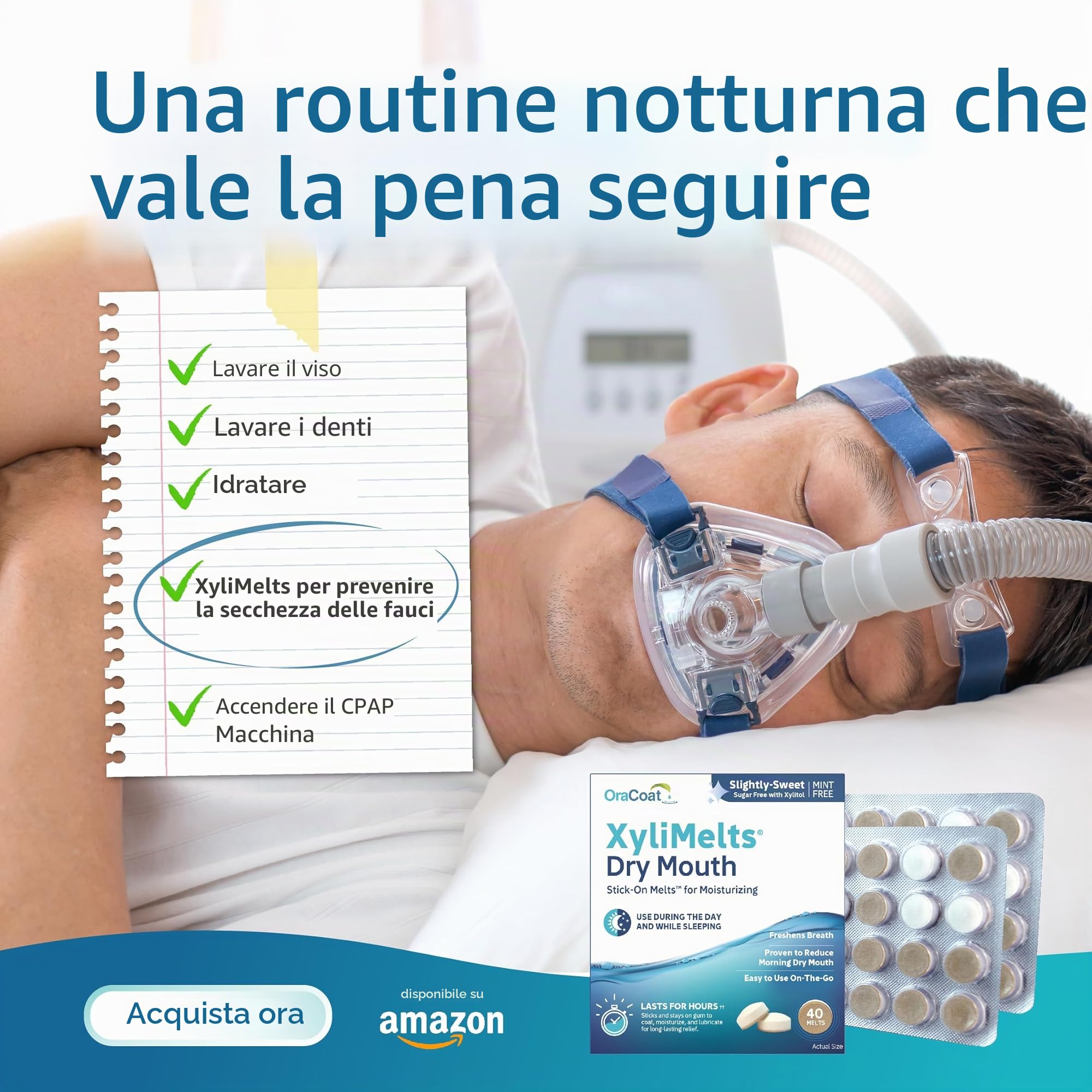 XyliMelts Natura, 80 pezzi, pastiglie adesive contro la secchezza delle fauci notturni, idratano la bocca durante il sonno per 4-8 ore, con xilitolo: sapore leggermente dolciastro, contro la bocca