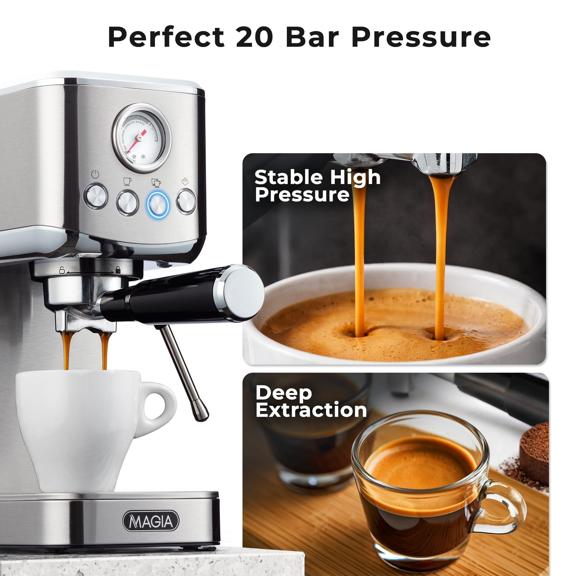 Zulay Kitchen Magia Compact Espresso Machine – 20 Bar Coffee Maker with Milk Frother Steam Wand, Latte & Cappuccino Maker, 1350W Fast Heating, 40oz Removable Water Tank, Stainless Steel – Silver - 4