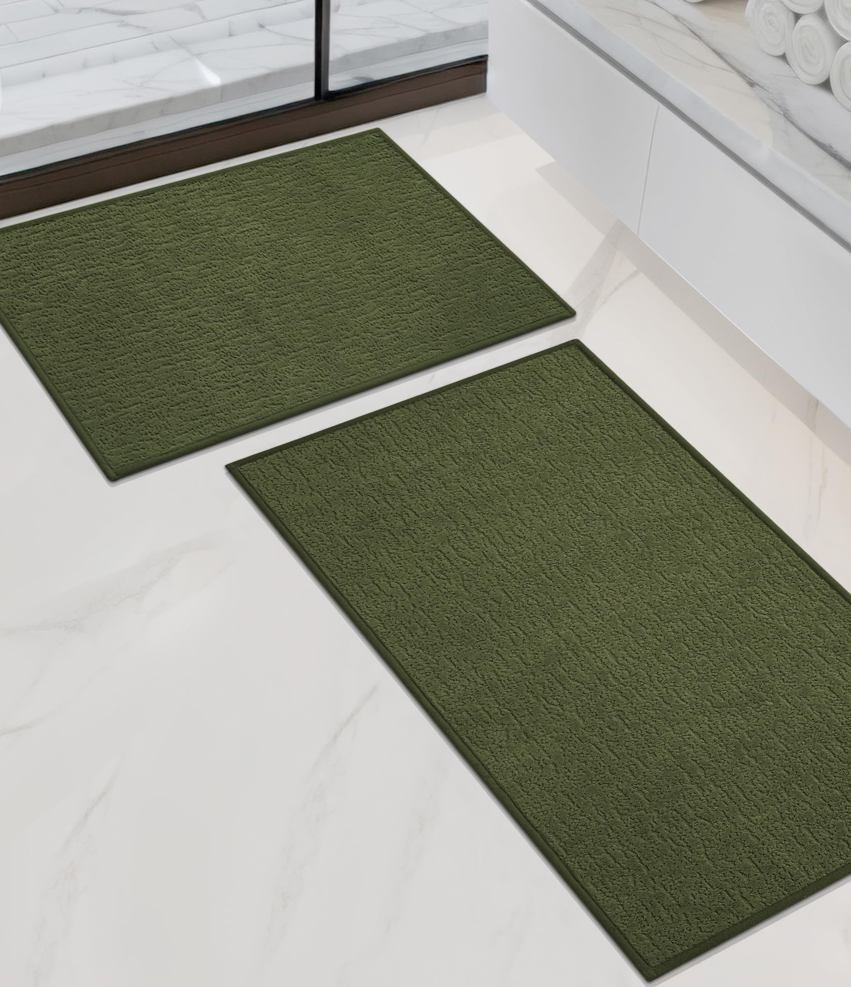 chakme 2 Piece Bathroom Rug Set, Ultra Thin Bath Mat, Absorbent, Non Slip, Machine Washable, Dark Green, 17" x 24"