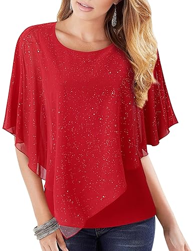 Women's Lightweight Flowy Shirt Double-Layered Printed Chiffon Poncho Blouse Top