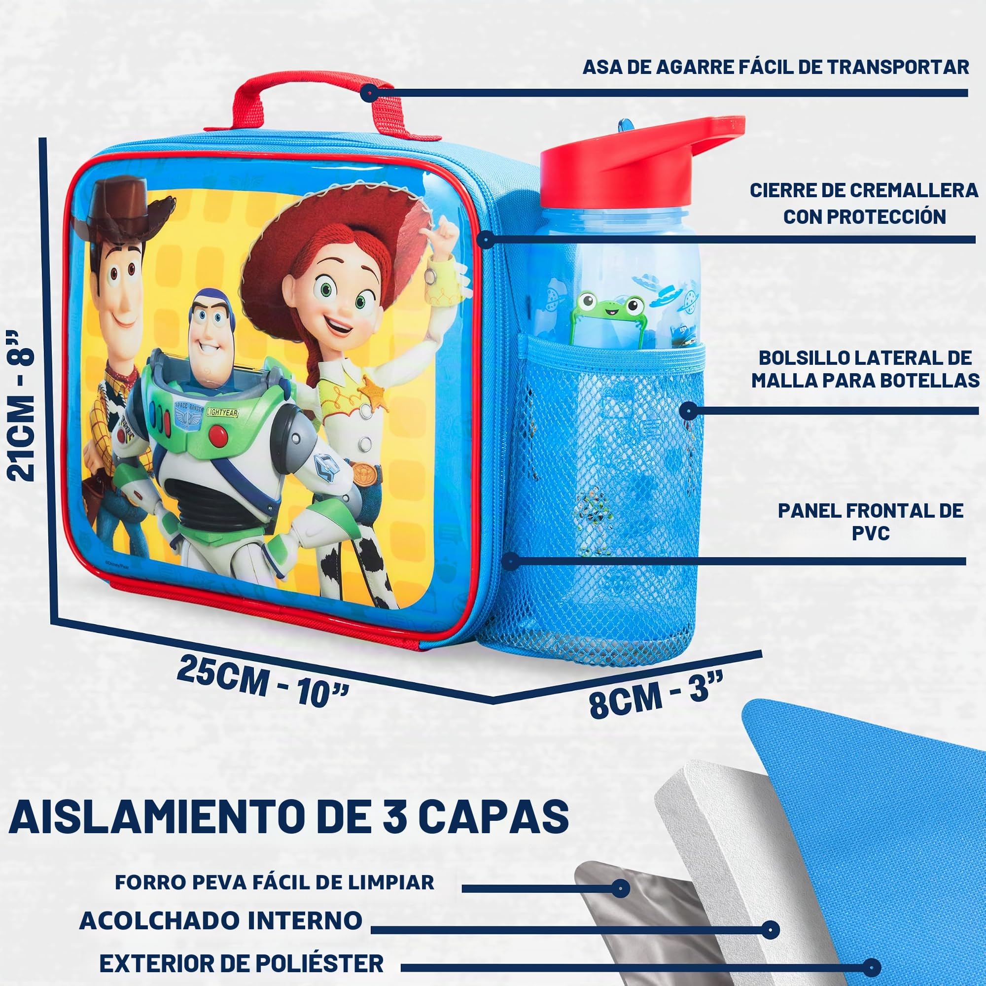 Get Trend Toy Story Bolsa de Almuerzo Niños Set 3 Piezas, Bolsa Isotermica 5 L, Botella 640 ml y Snack Box 2 L Compartimentos, Sin BPA, Ligero y Resistente para Escuela (Multi Toy Story)
