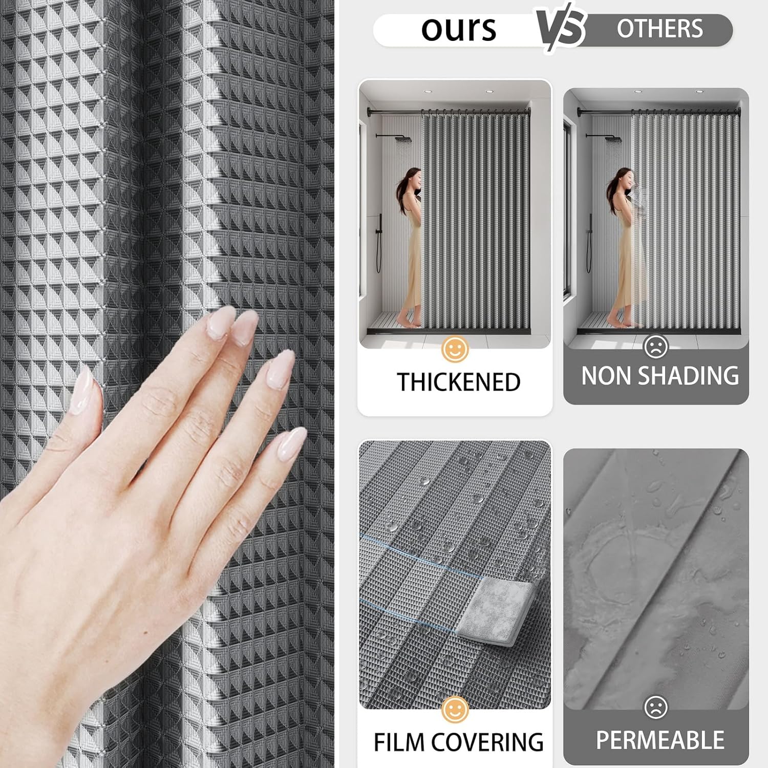 Waffle Pattern Folding Waterproof Shower Curtain for Walk in Shower, Magnetic Fabric Shower Curtains for Bathroom, No Liner Needed, 220gsm, Grey, 47"x71"