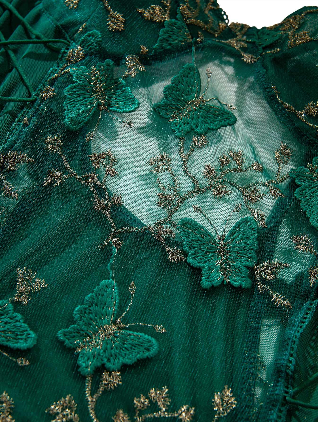 Lilosy Women Sexy Lace Up Floral Embroidered Teddy Lingerie Bodysuit Top Mesh Sheer One Piece: XX-Large Butterfly Army Green