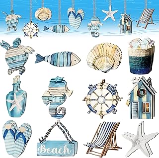 Summer Tree Decorations, Kaluofan 24PCS Wood Summer Decorations, Fish Turtles Deckchairs Shells Seahorses Starfish Flip-flops Huts Coastal Decor, Wood Hanging Ornaments for Summer Hawaiian Beach Party