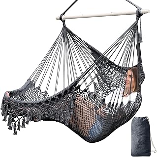 Chihee Hängesessel handgefertigter Hängesessel aus Baumwollseil gewebter Sitz weich gesponnen große Dehnbare Hängematte, zusammenklappbar stabile Metallspreizstange, Elegante Tassel drinnen draußen