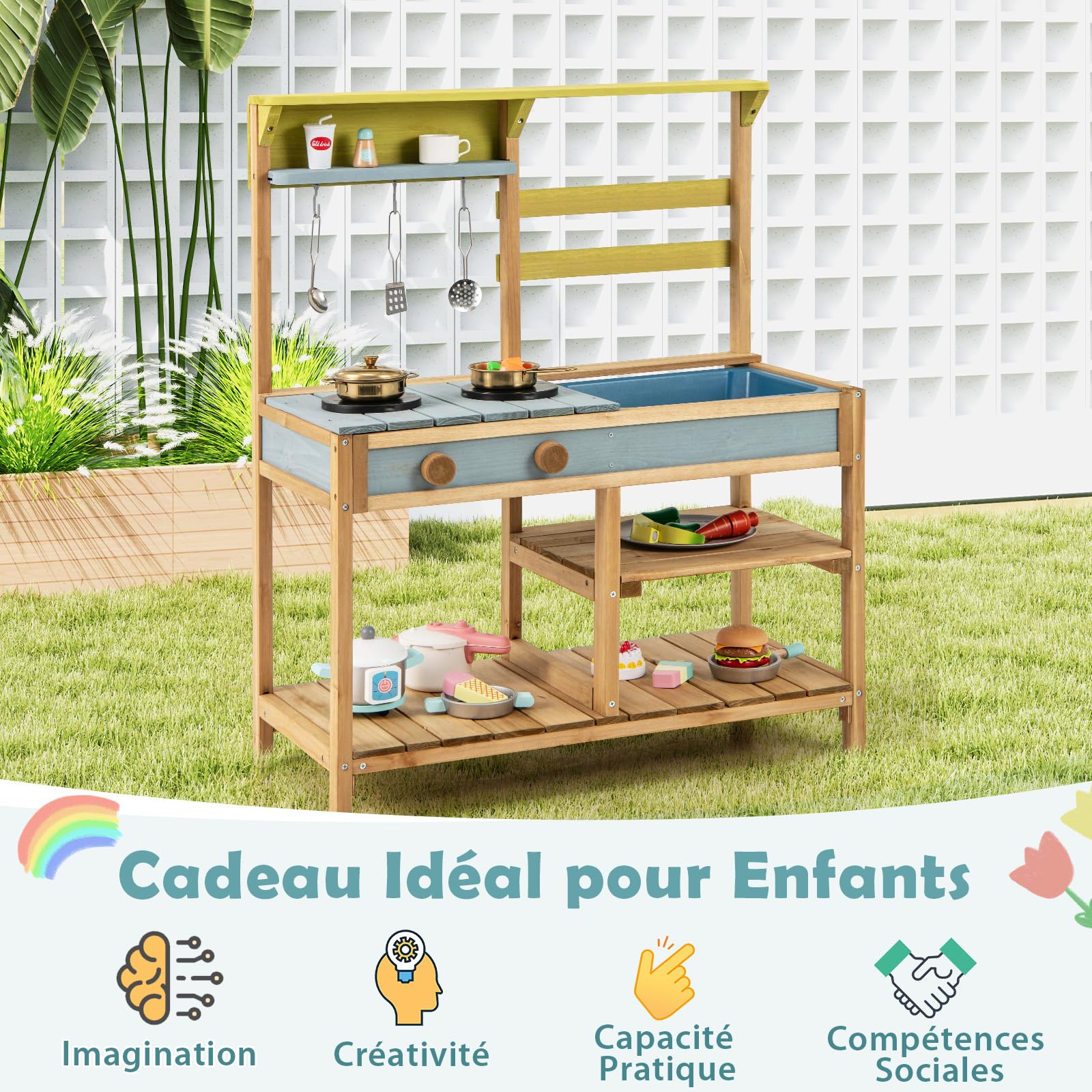 COSTWAY Cuisine Extérieure Enfant avec Évier & Poêles Doubles, Cuisine de Boue en Bois de Sapin avec Bouton Rotatif, Étagère de Rangement, Cuisine Boueuse pour 3 Ans+, 75 x 36 x 92 cm