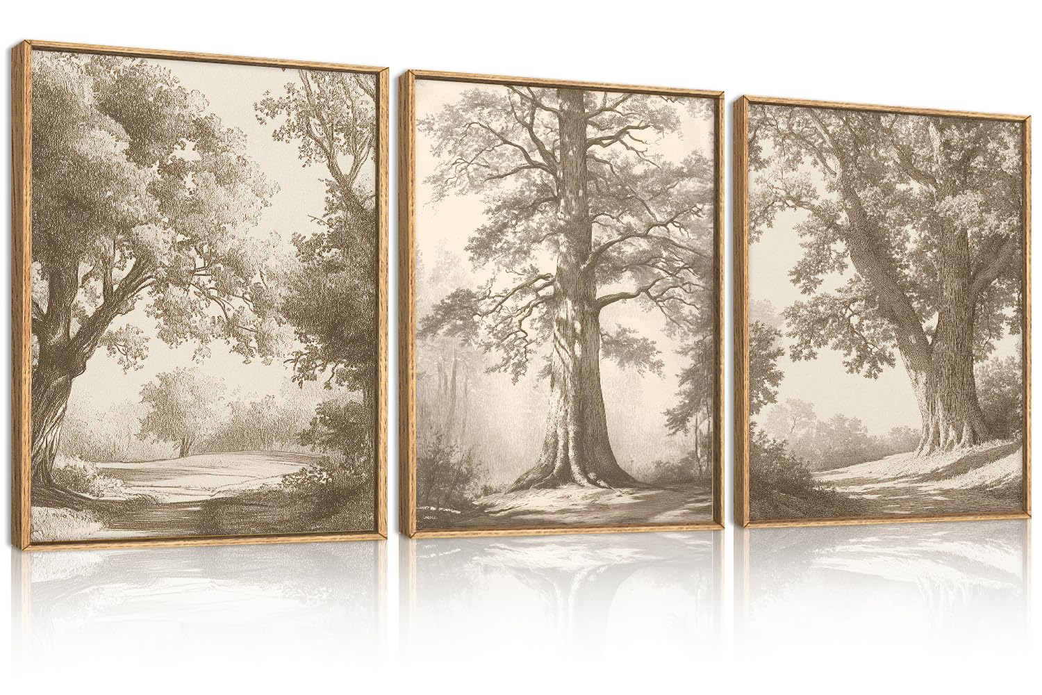 Vintage Tree Canvas Wall Art Framed Rustic Tree Landscape Sketch Antique Painting Neutral Forest Wall Decor 16x12 Inch Farmhouse Botanical Set of 3 for Living Room Bedroom