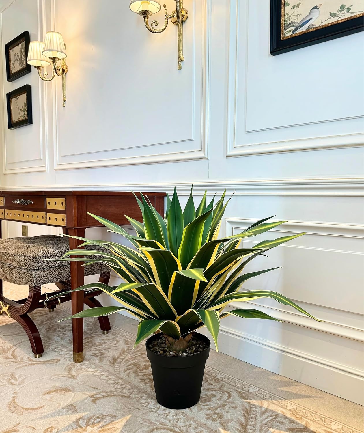 SUNPRAIRIE 34 Inch Tall Large Artificial Agave Plant in Pot with 45 Leaves, Forest Green with Yellow-Edges. Outdoor and Indoor Faux Plants. - Image 8