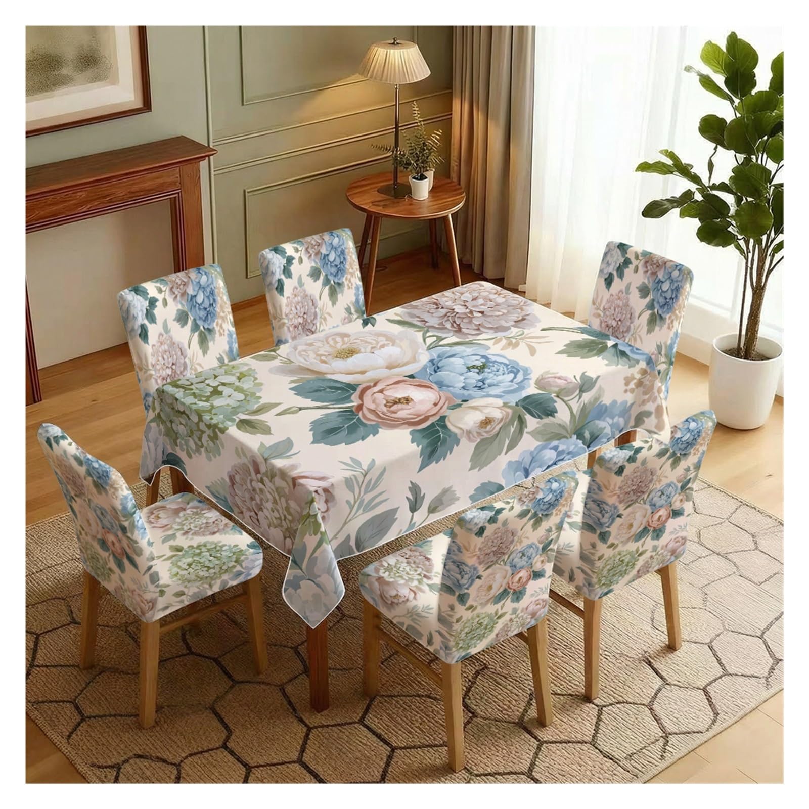 BOSUYBN Vintage Soft Peony Hydrangea Dining Tablecloth & Chair Covers Set, 5/7 Piece Gentle Floral Home Dining Decor Kit Table Setting(7pcs Set: Tablecloth+Chair Covers)