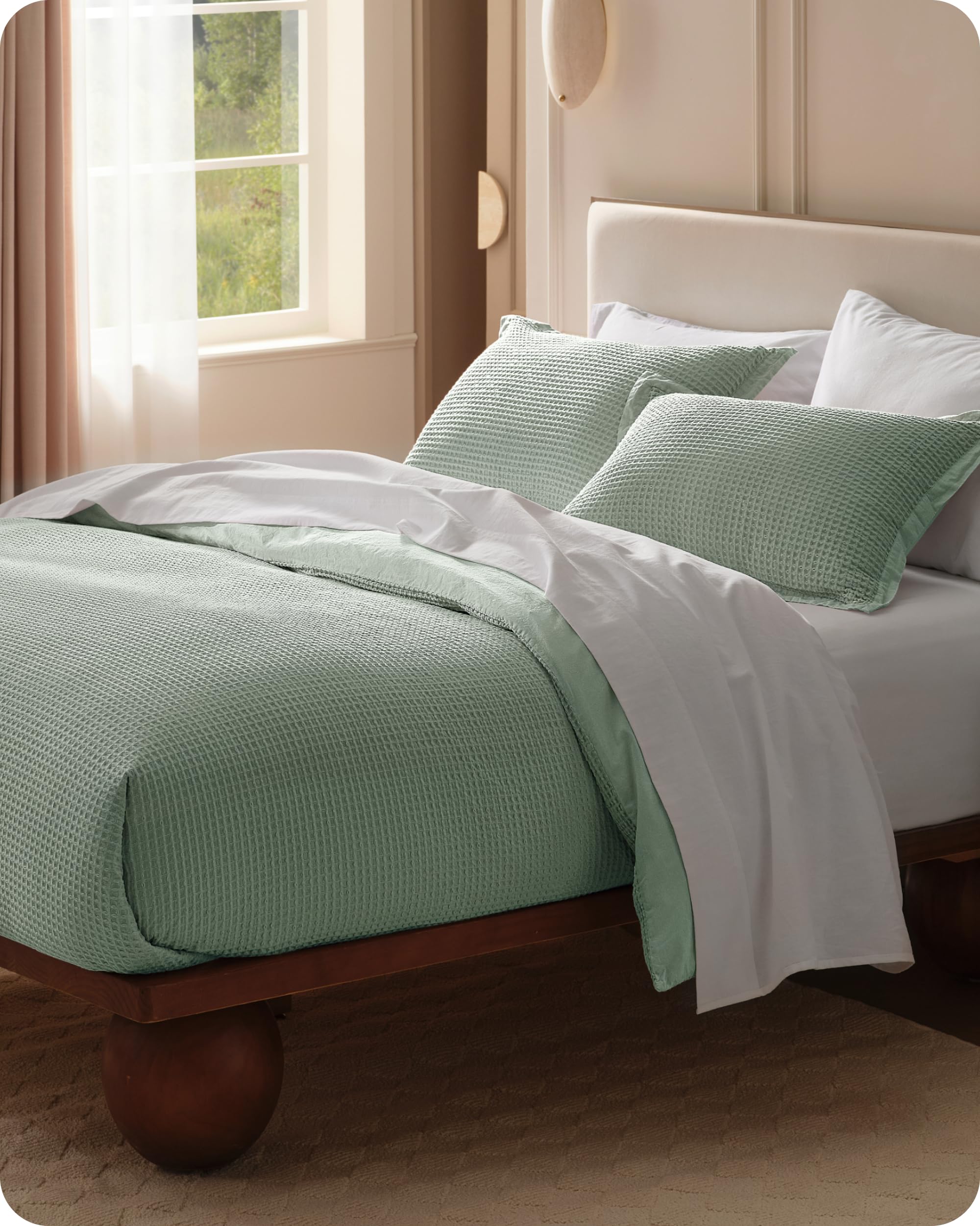Bedsure Bawełniana poszewka na kołdrę w rozmiarze queen – 100% bawełna o splocie waflowym szałwiowa zielona poszewka na kołdrę rozmiar queen size, PureWoven oddychający zestaw pościeli na każdą porę