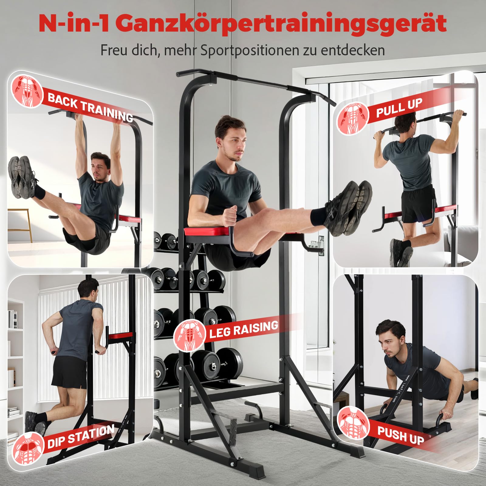 ISE Power Tower Klimmzugstange Freistehend Dip Station Multifunktionen Kraftturm für Klimmzugstation im Home-Gym Pull Up Station für Zuhause belastbar 120KG