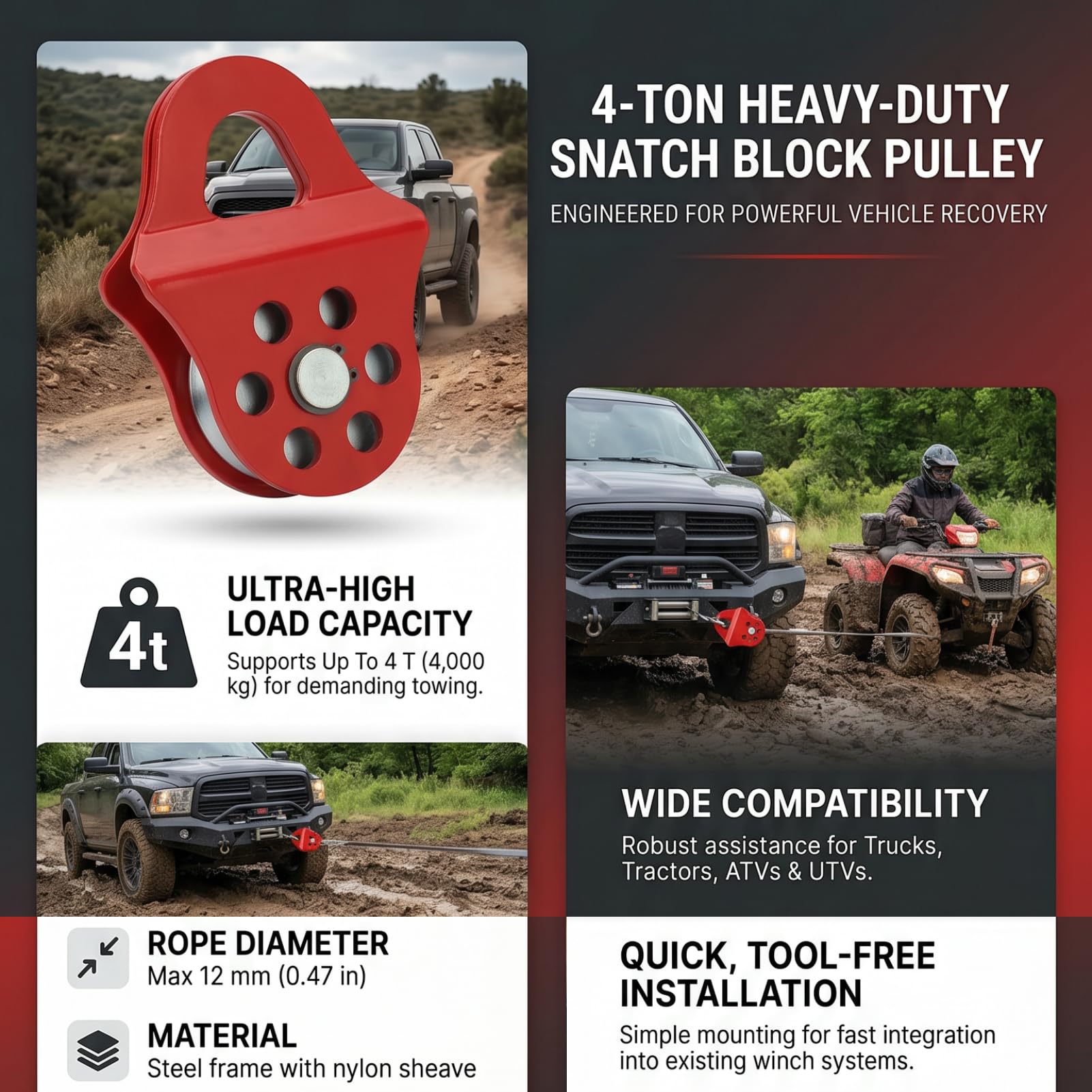 Fafeicy Blocco di Snatch Verricello, Puleggia Verricello Pesante Installazione Facile 4t di Carico di capacità di Carico Rosso per ATVS