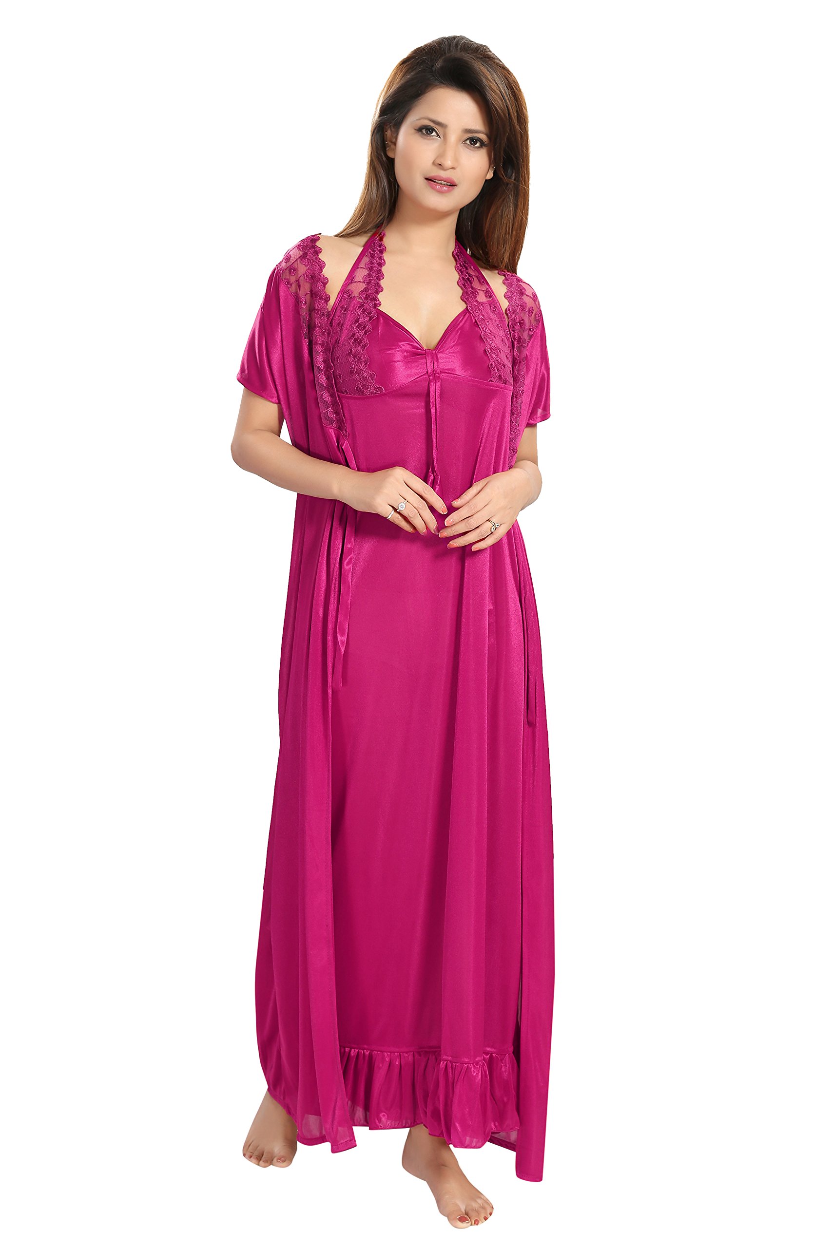REPOSEY Women's Satin Solid Maxi Length Nighty with Robe (Free Size) (Pack of 2)