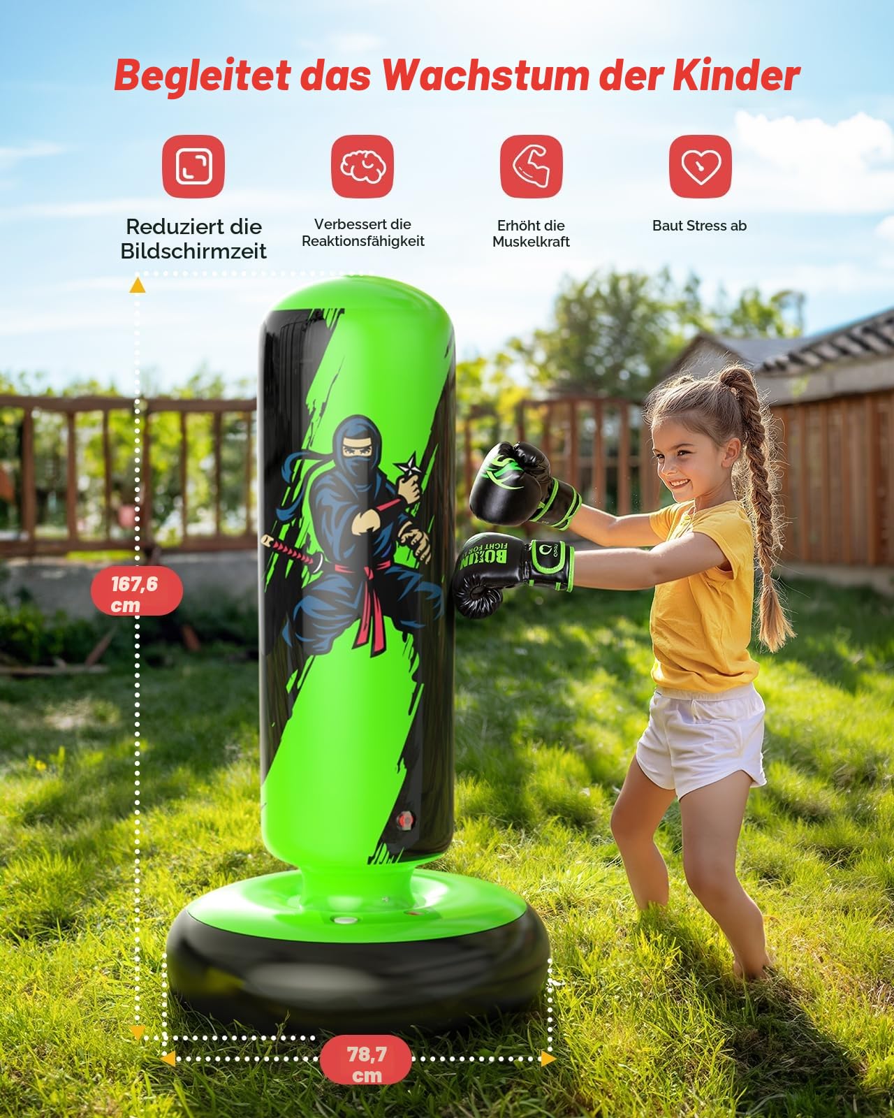 QPAU Boxsack für Kinder, freistehend, für 3-8 Kinder, Punching Ball, Geschenke für Jungen und Mädchen, Boxsack-Set für Karate, Taekwondo, MMA