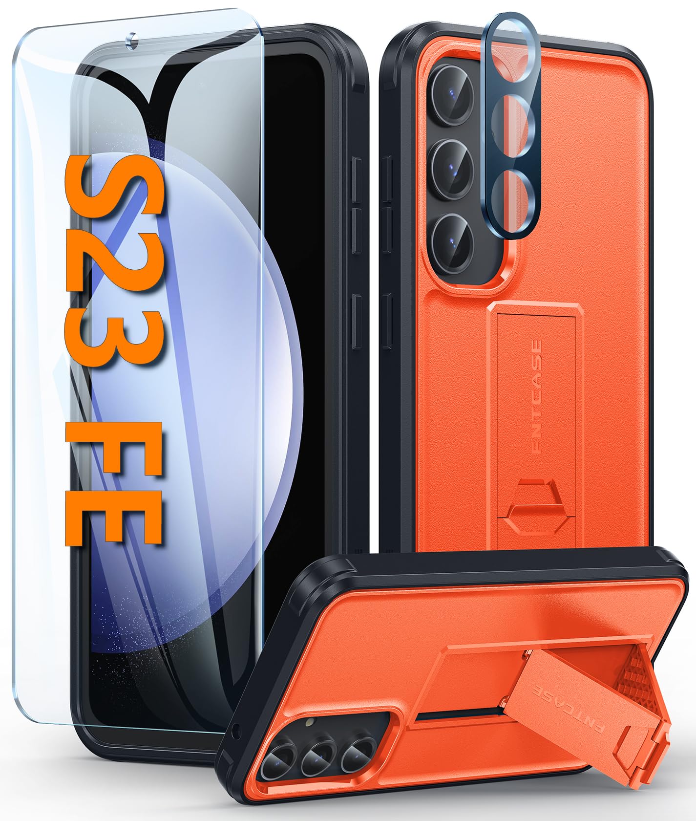 FNTCASE for Samsung Galaxy S23-FE Case: Military Grade Drop & Shock Protection Cell Phone Cover with Kickstand | Heavy Duty Rugged Phonecase Protective Bumper Textured(Orange)