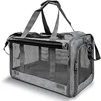 Bolsa Transporte Pet para Avião Cabine Viagem Ventilação Cães e Gatos Reforçada até 9kg Tela Arejada Alça e Tapete Removível (Cinza)