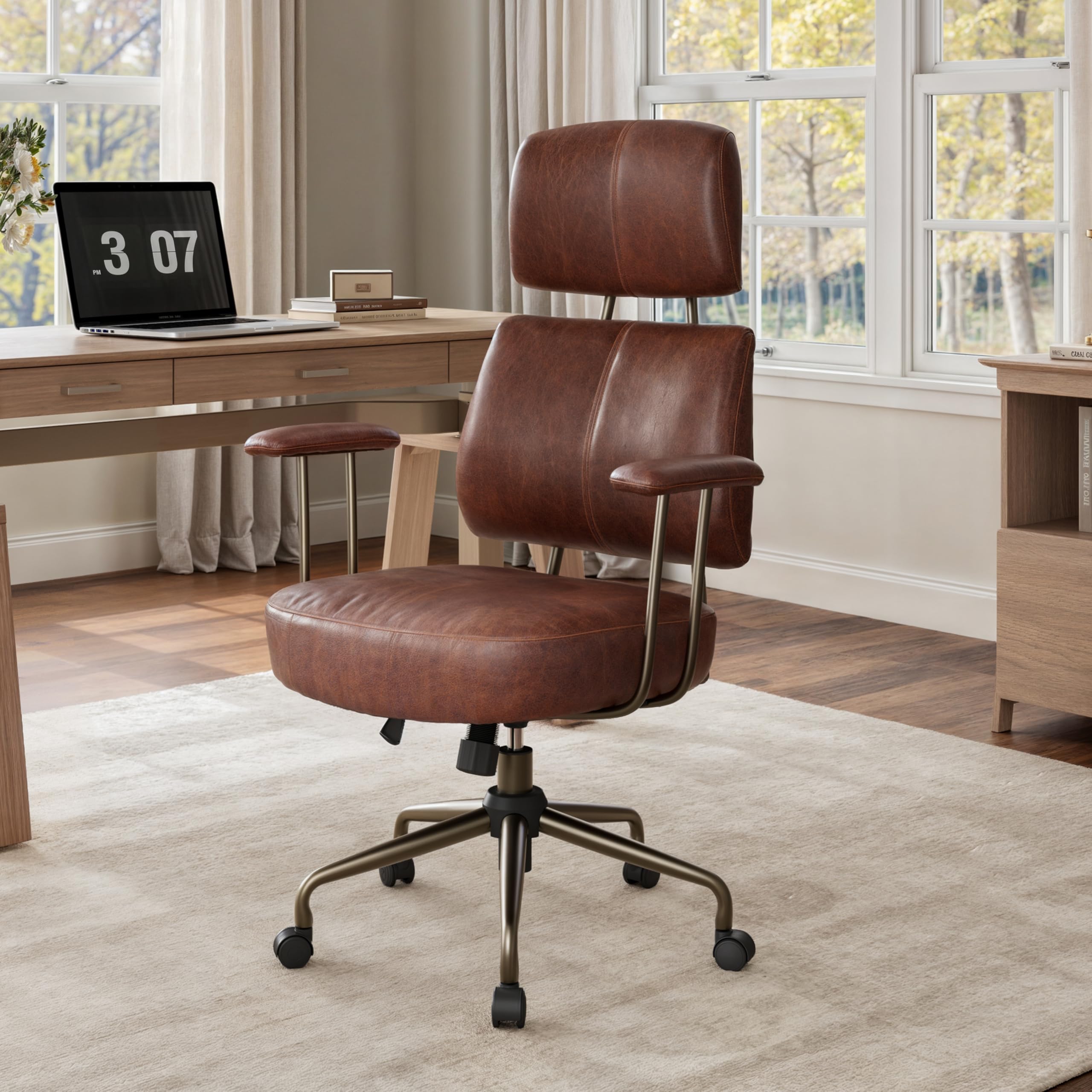 EUREKA ERGONOMIC Ergonomic Office Chair, Comfy Desk Chairs PU Leather with Lumbar Support Adjustable Headrest, High Back Swivel Computer Chair for Home/Office-Brown