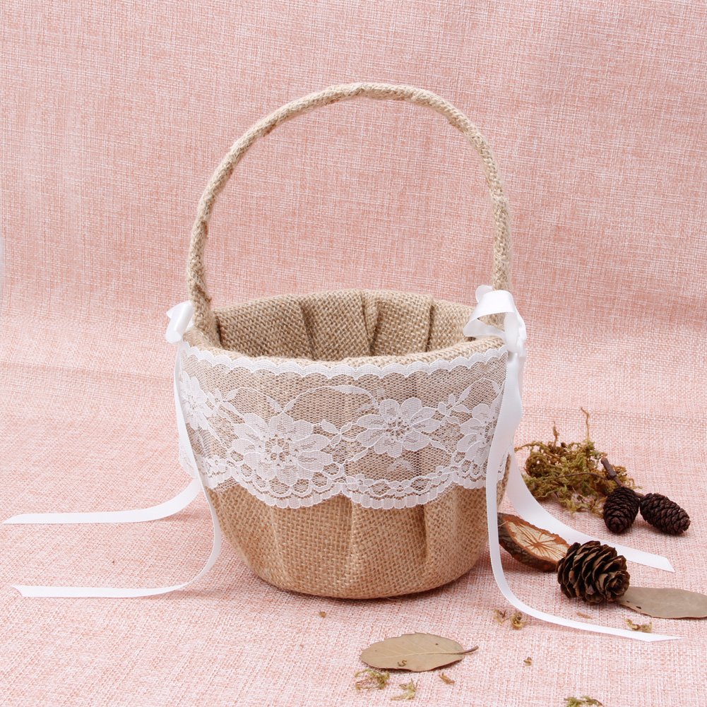 Burlap Flower Basket Vintage Retro Lace Wedding Flower Girl Basket Wedding For Weddings Showers And Anniversary Wooden Hanging Ornaments