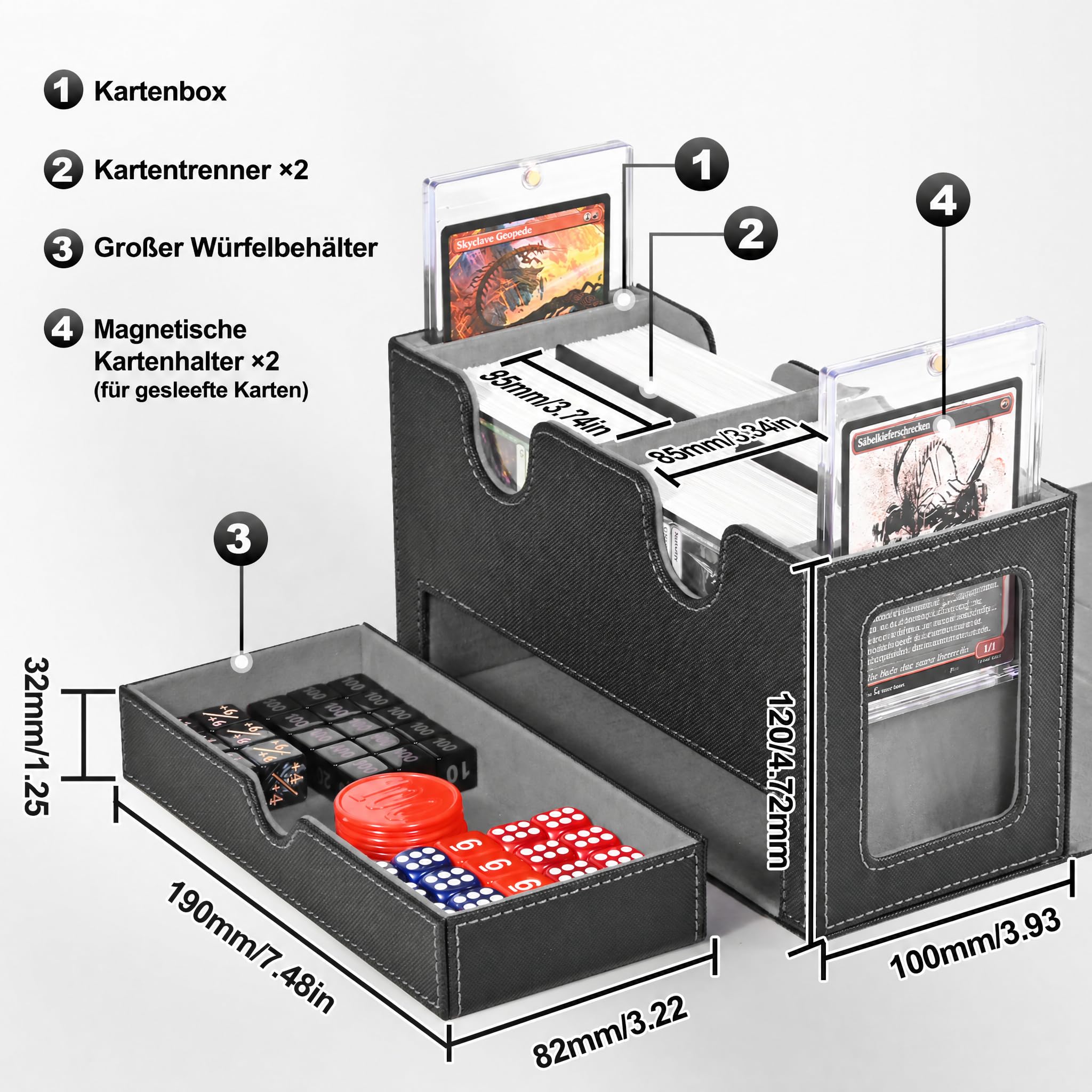 UAONO MTG Deck Box mit 2 Commander Display und Würfelablage, patentiertes Design, Doppeldeck-Box für 250+ einhüllige Karten, Leder-Magnetkarten-Aufbewahrungsbox passend für TCG CCG Magic Cards