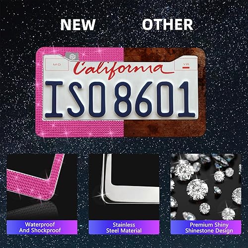 Miniatura 9 de Juego de 25 piezas de piezas de automóvil con brillantes, ajuste universal de 15 pulgadas, marco de placa de icense brillante, cubierta de consola