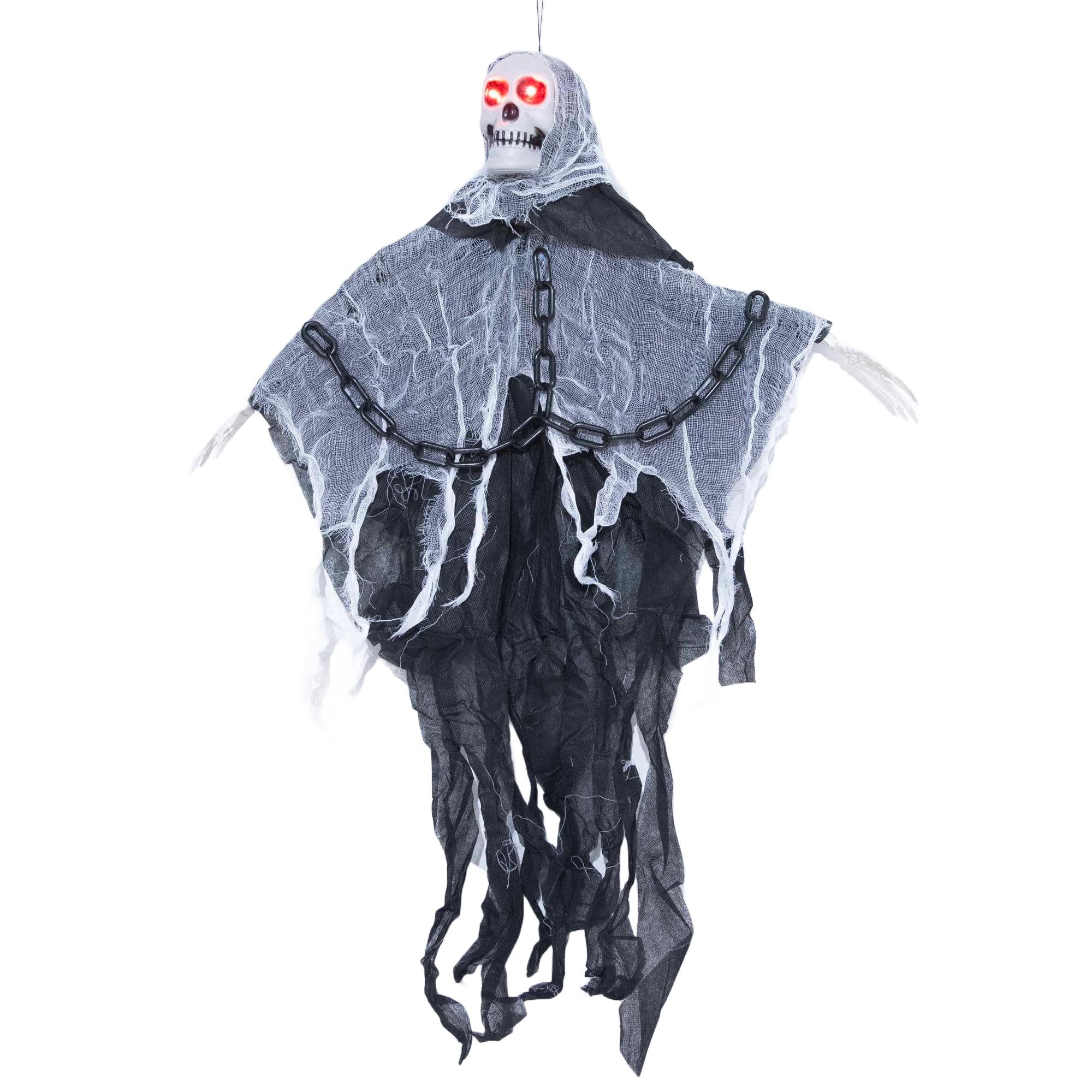 Shatchi Black 90Cm Led Flashing Eyes Skeleton In Chain Scary Sound Poseable Hands Flying Ghost Skull Halloween Hanging Decoration Grim Reaper Haunted House Prop Spooky