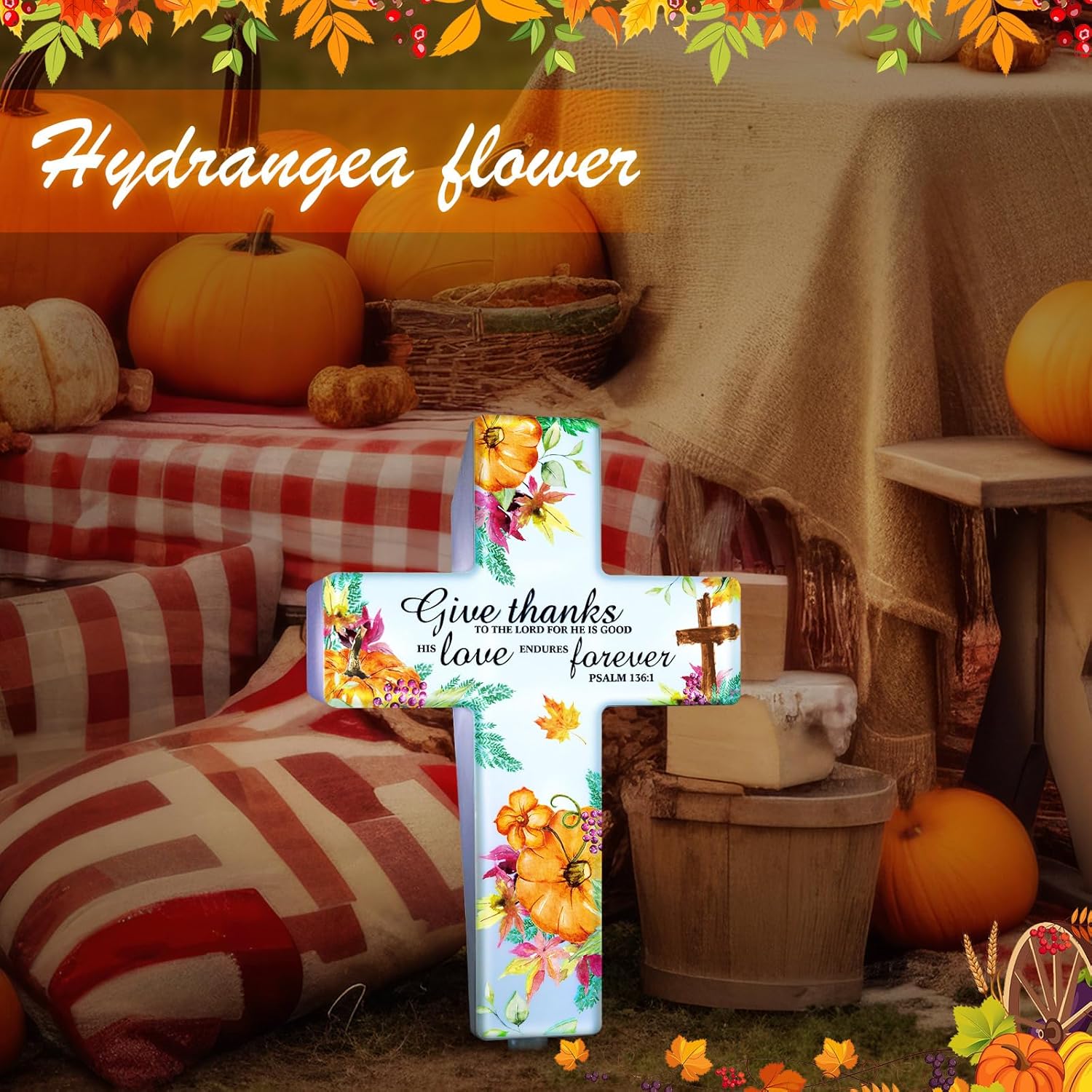 Yousoontic Thanksgiving Fall Solar Stake Lights Outdoor Garden Autumn Cross Yard Sign Garden Decor for Give Thanks to The Lord Harvest Yard Lawn Pathway Party
